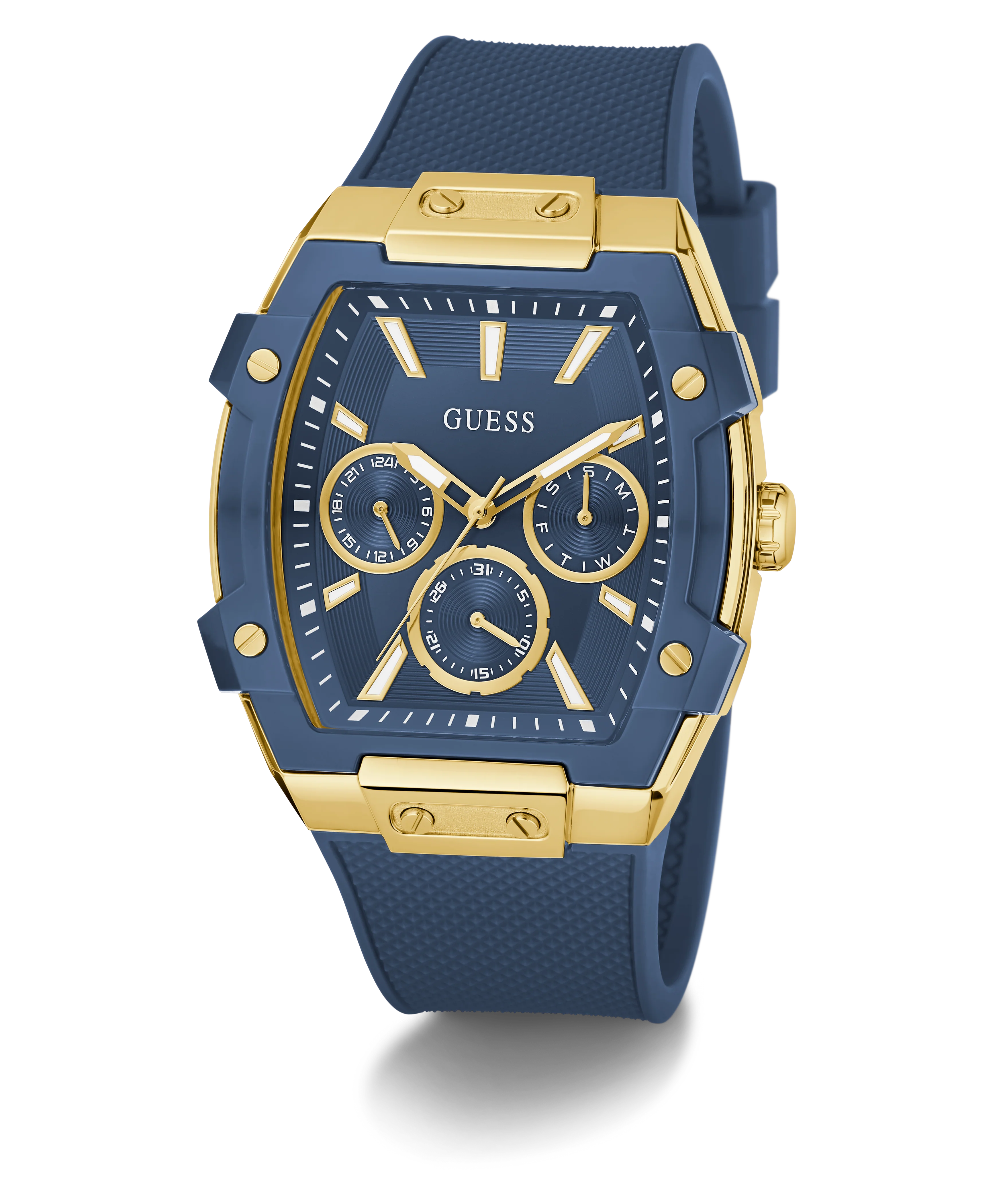GUESS Mens Blue Gold Tone Multifunction Watch