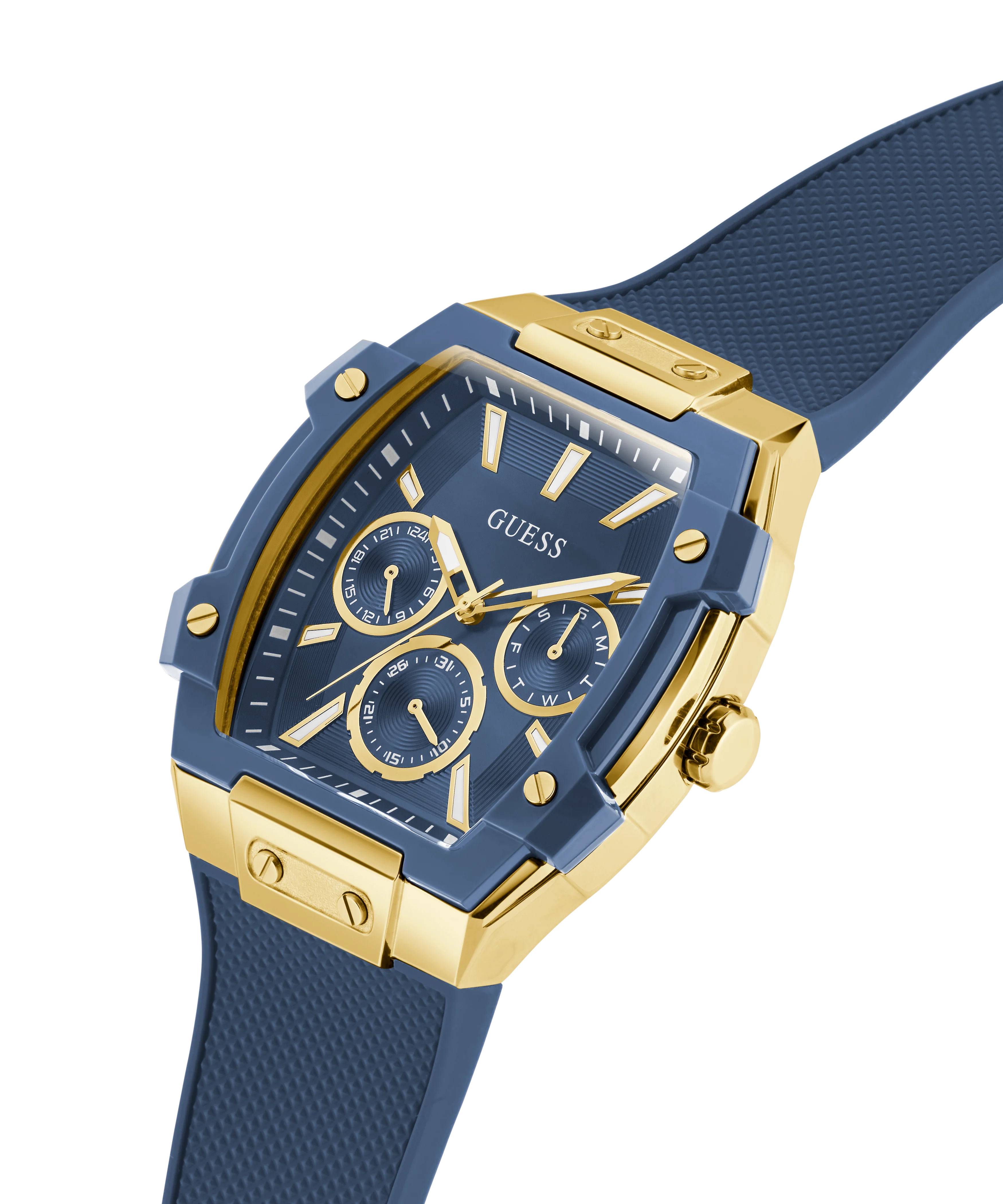 GUESS Mens Blue Gold Tone Multifunction Watch