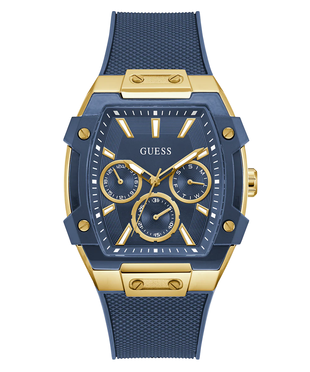 GUESS Mens Blue Gold Tone Multifunction Watch