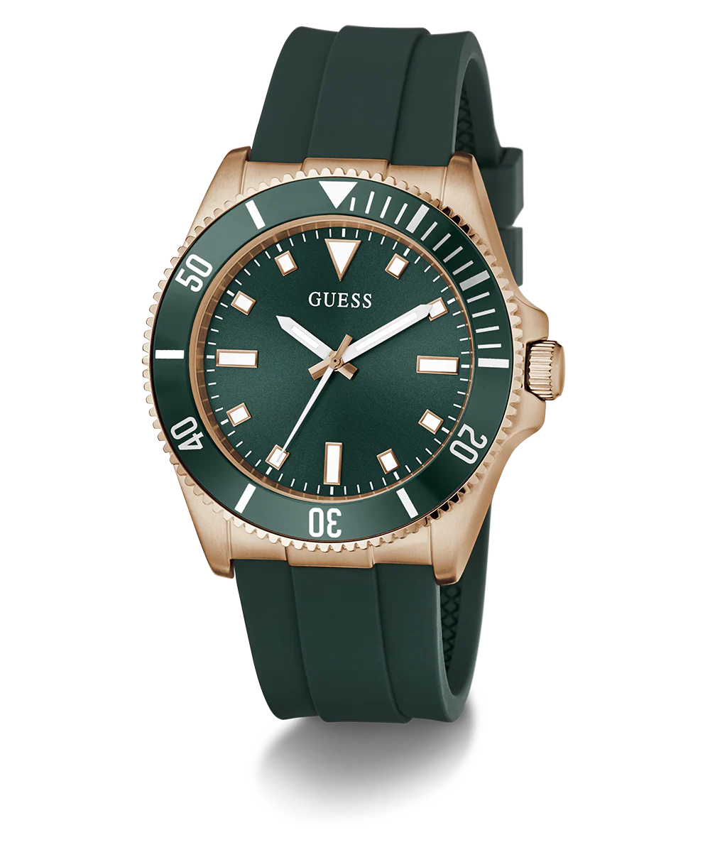 GUESS Mens Green Rose Gold Tone Analog Watch