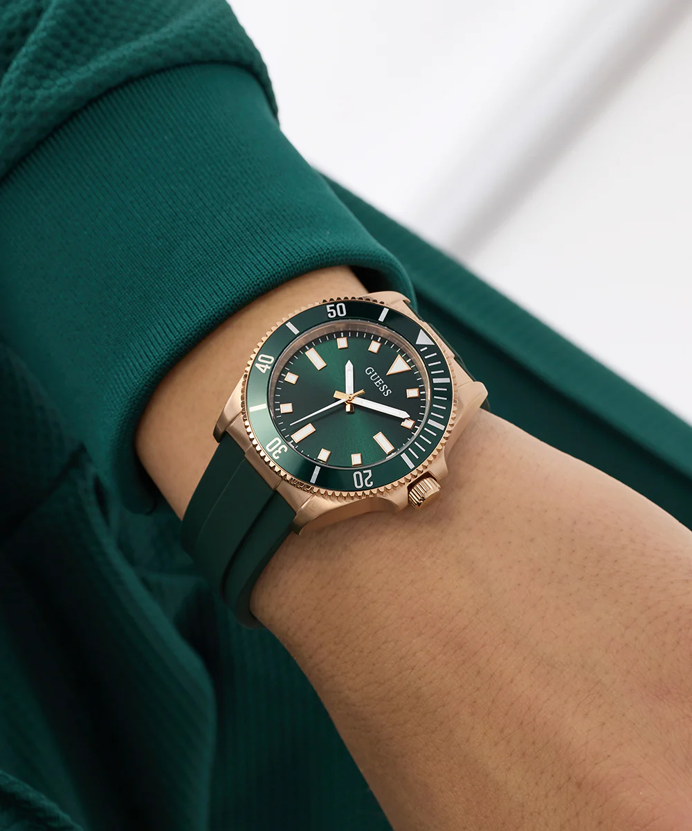 GUESS Mens Green Rose Gold Tone Analog Watch