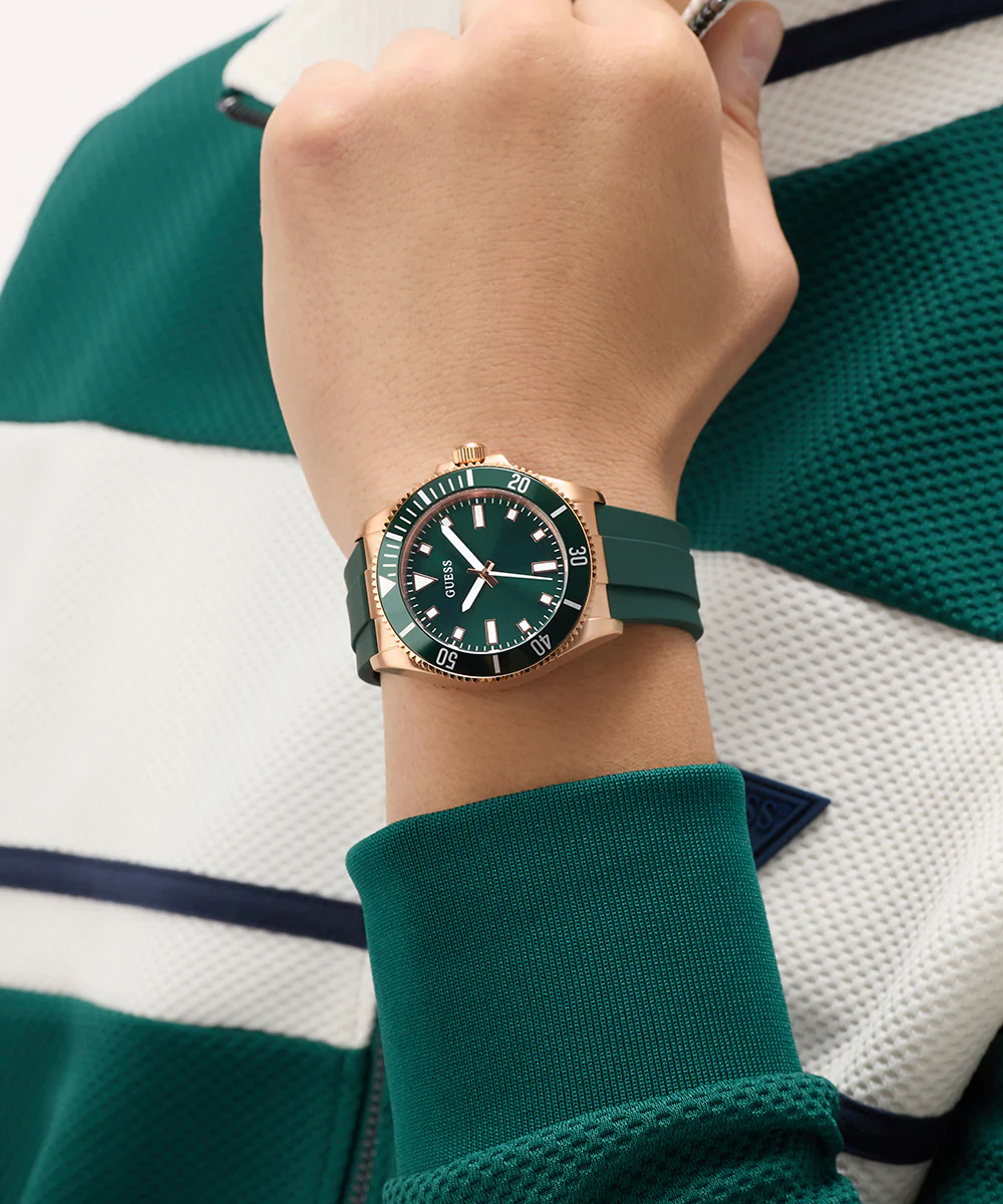 GUESS Mens Green Rose Gold Tone Analog Watch