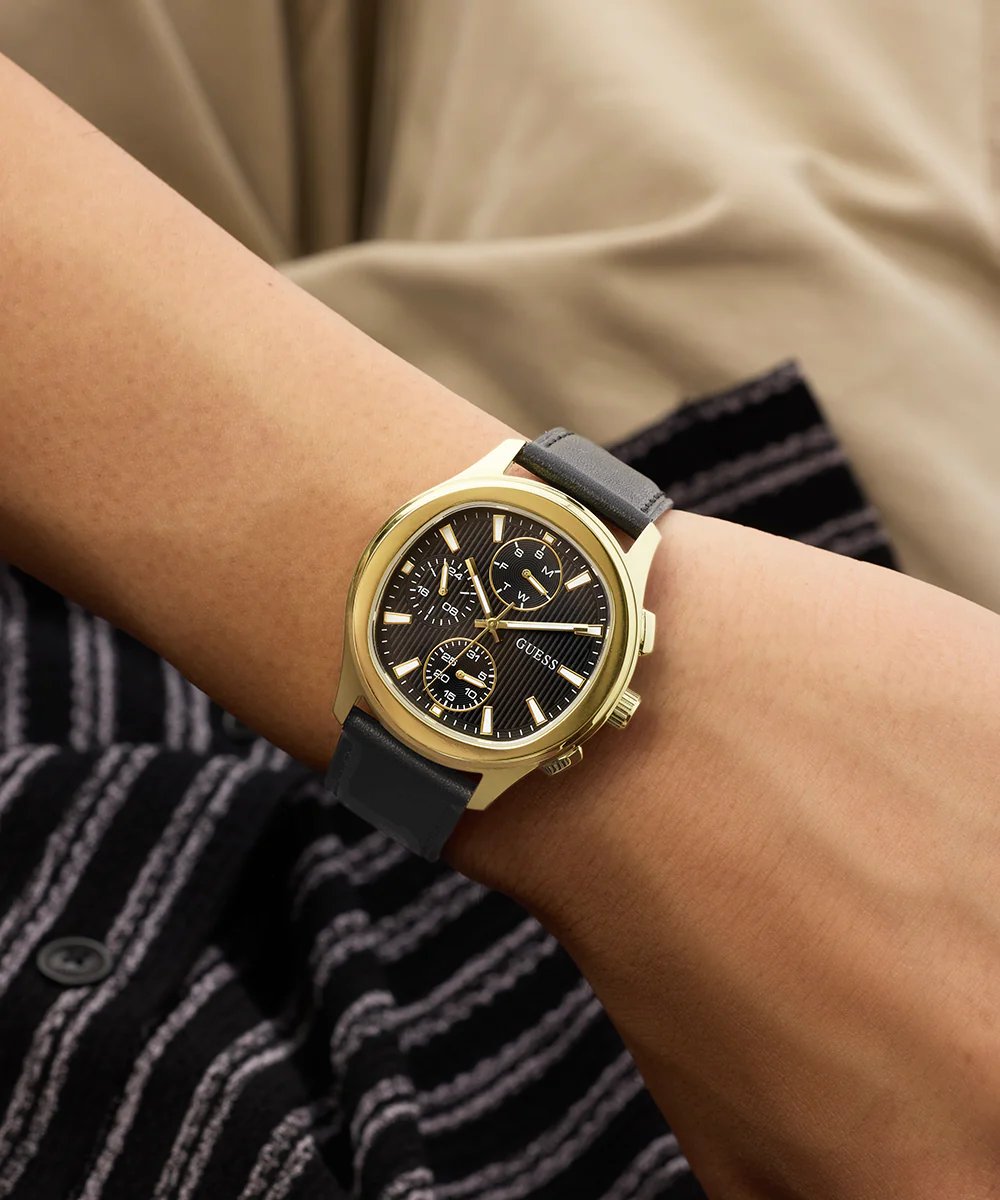 GUESS Mens Palmer Black Gold Tone Analog Watch