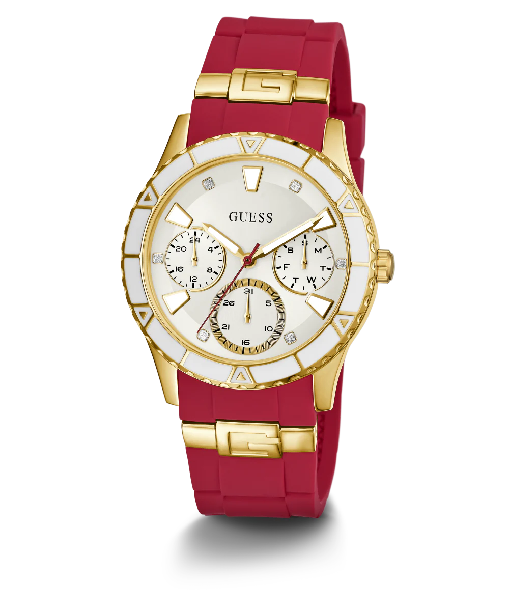 GUESS Ladies Red Gold Tone Multi-function Watch