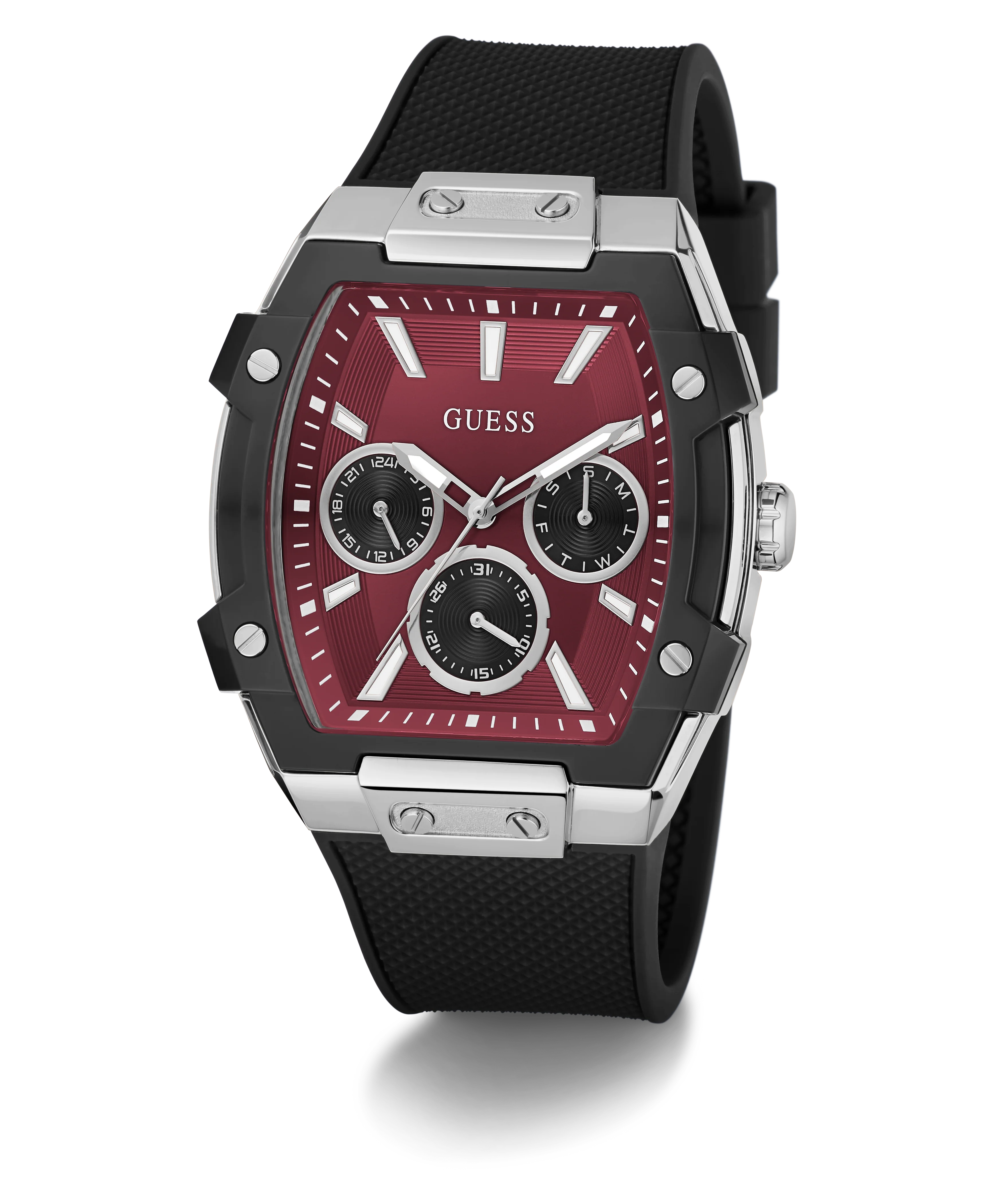 GUESS Mens Black Silver Tone Multifunction Watch
