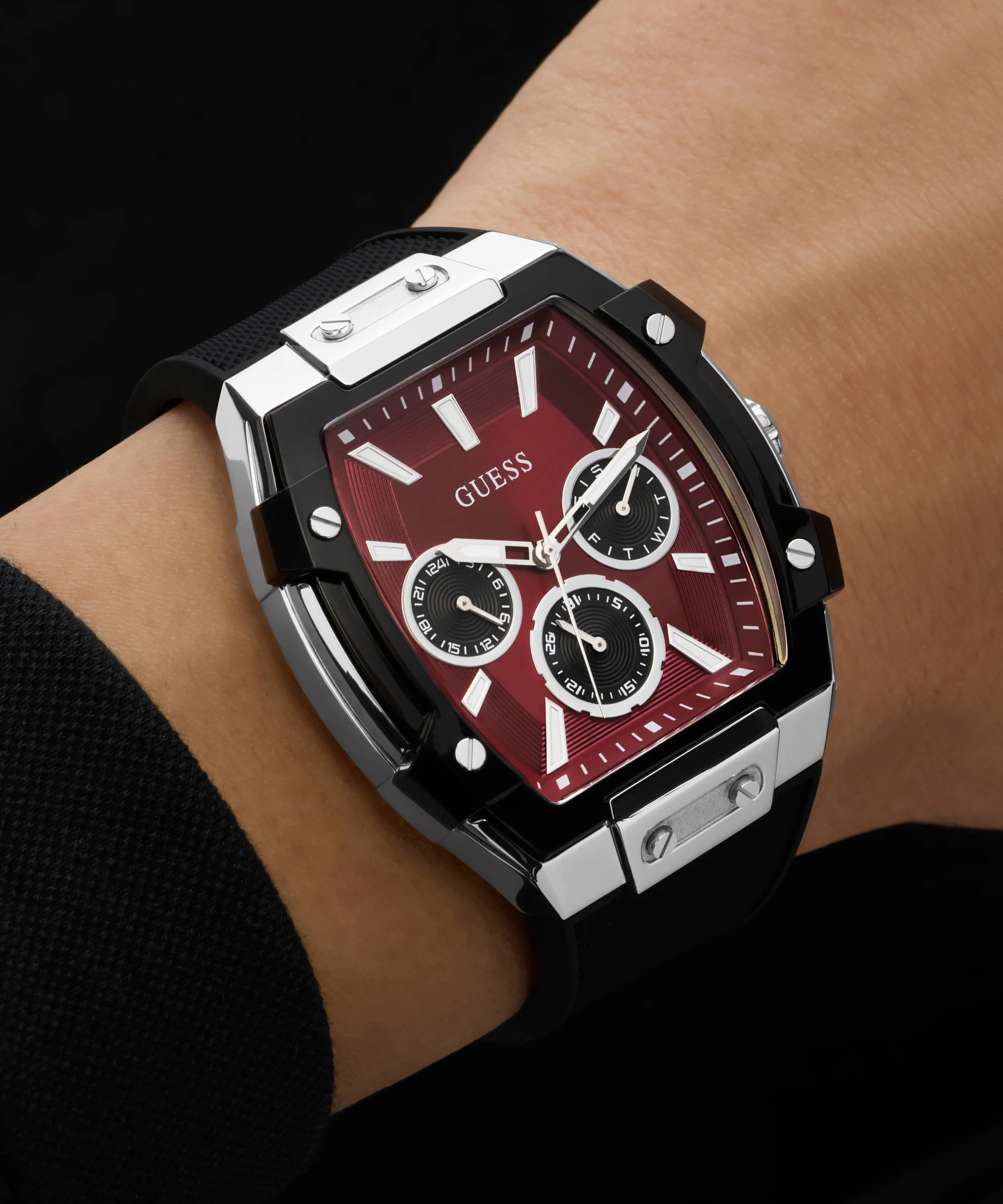 GUESS Mens Black Silver Tone Multifunction Watch
