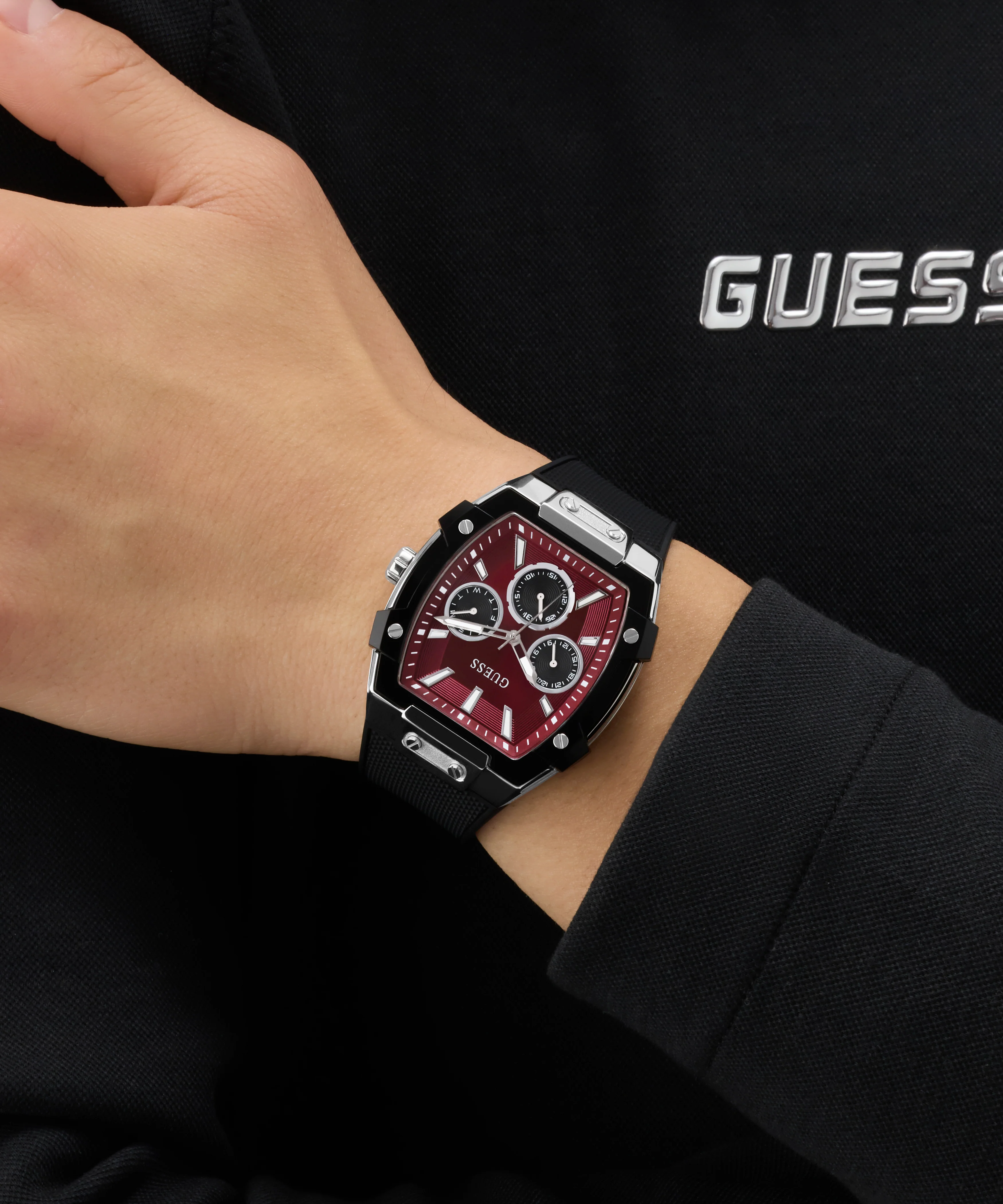 GUESS Mens Black Silver Tone Multifunction Watch