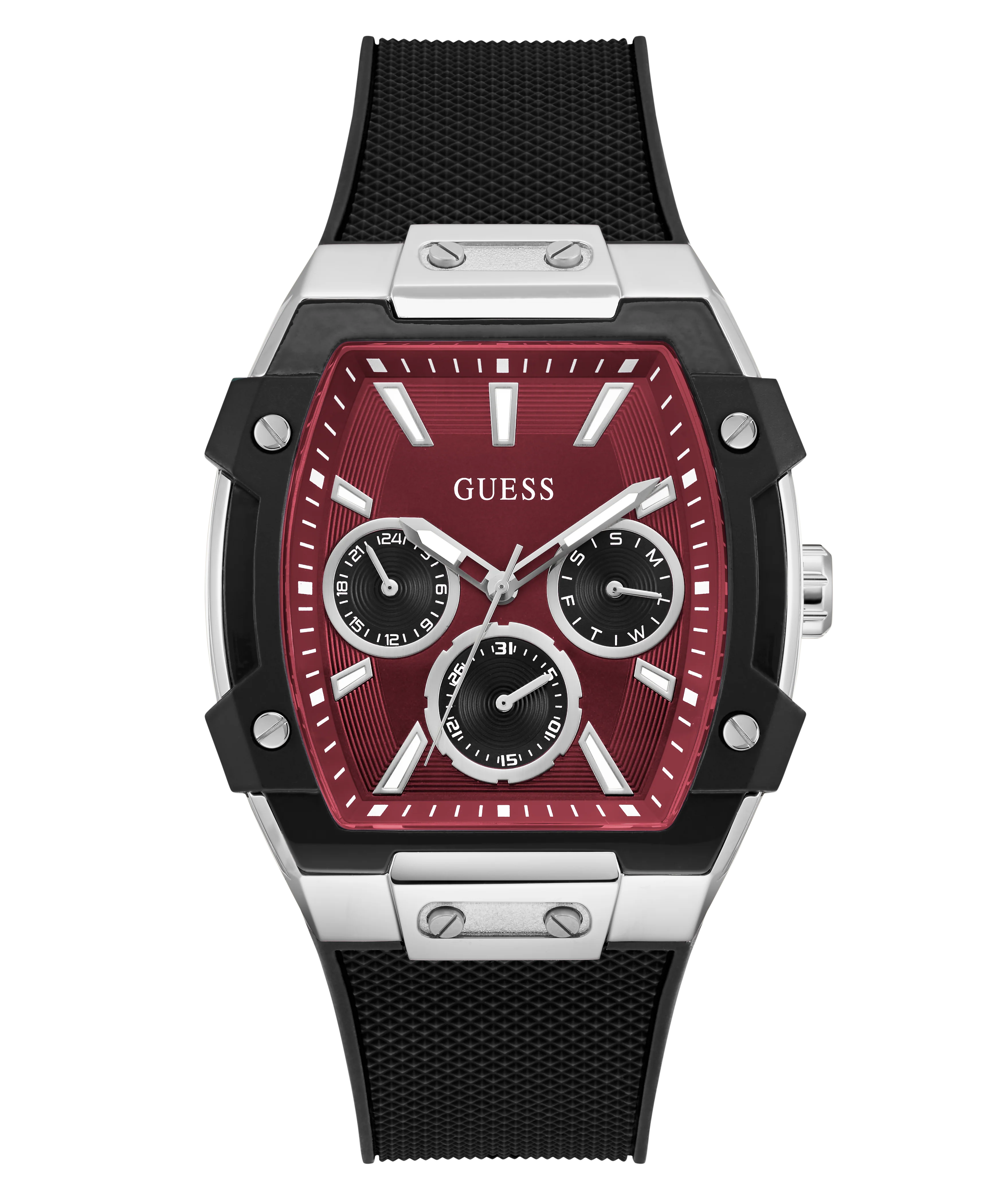 GUESS Mens Black Silver Tone Multifunction Watch