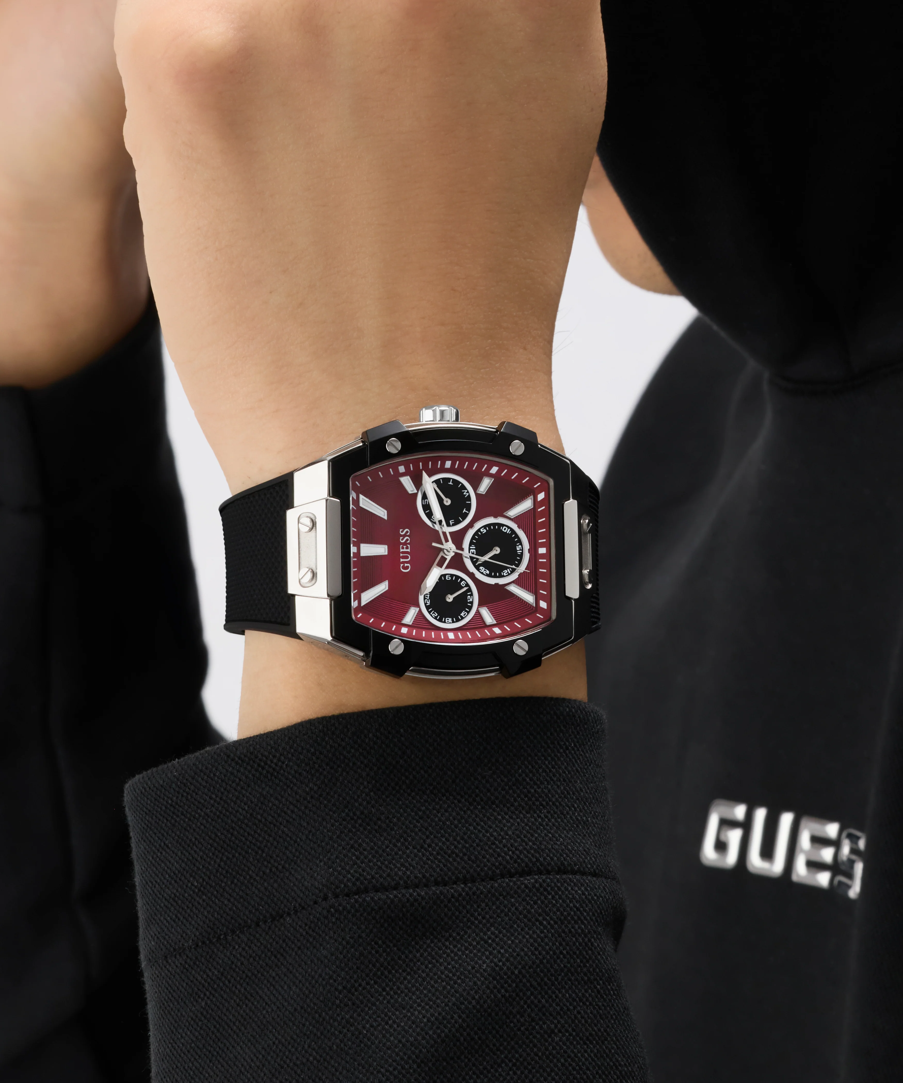 GUESS Mens Black Silver Tone Multifunction Watch