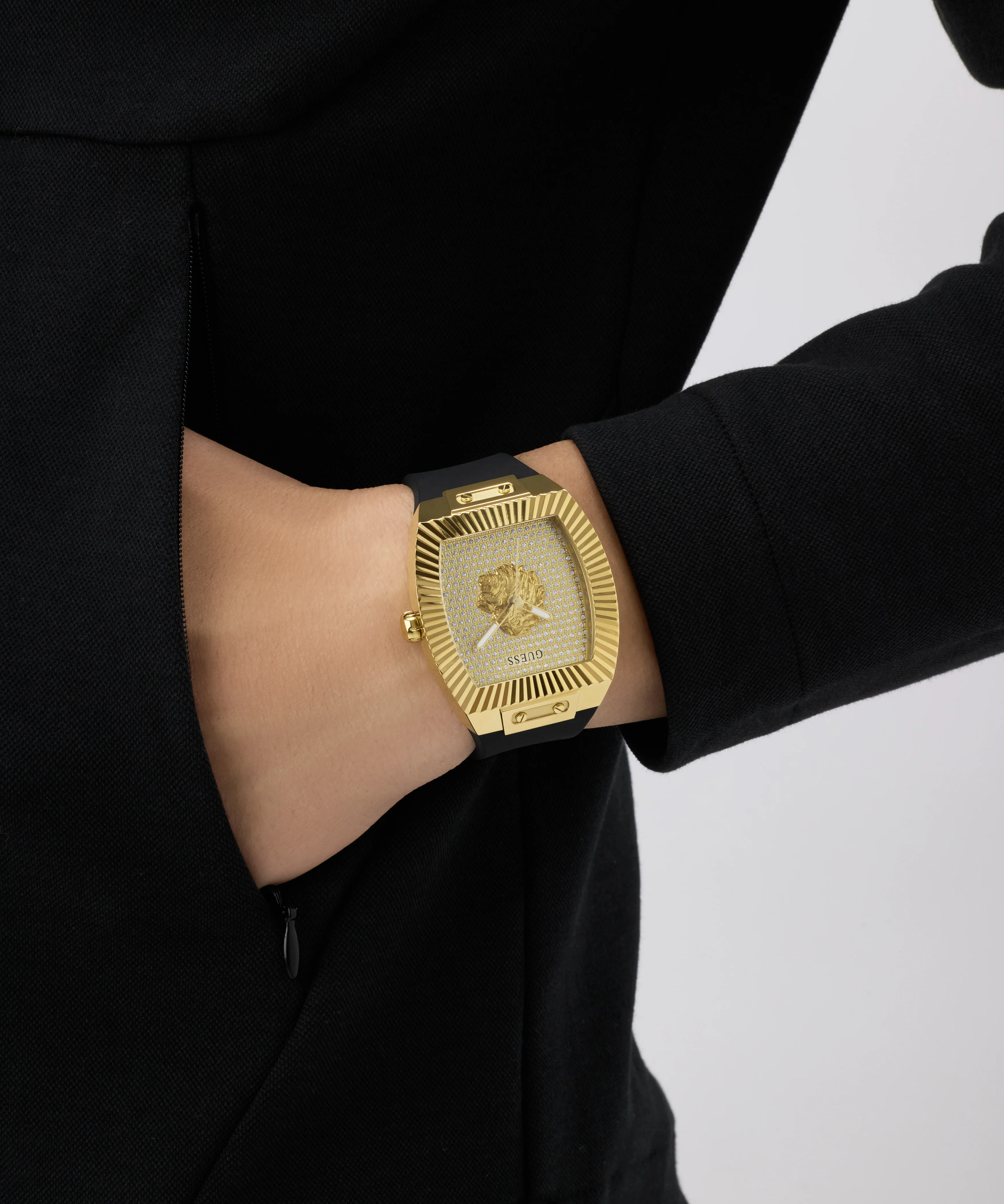GUESS Mens Black Gold Tone Analog Watch