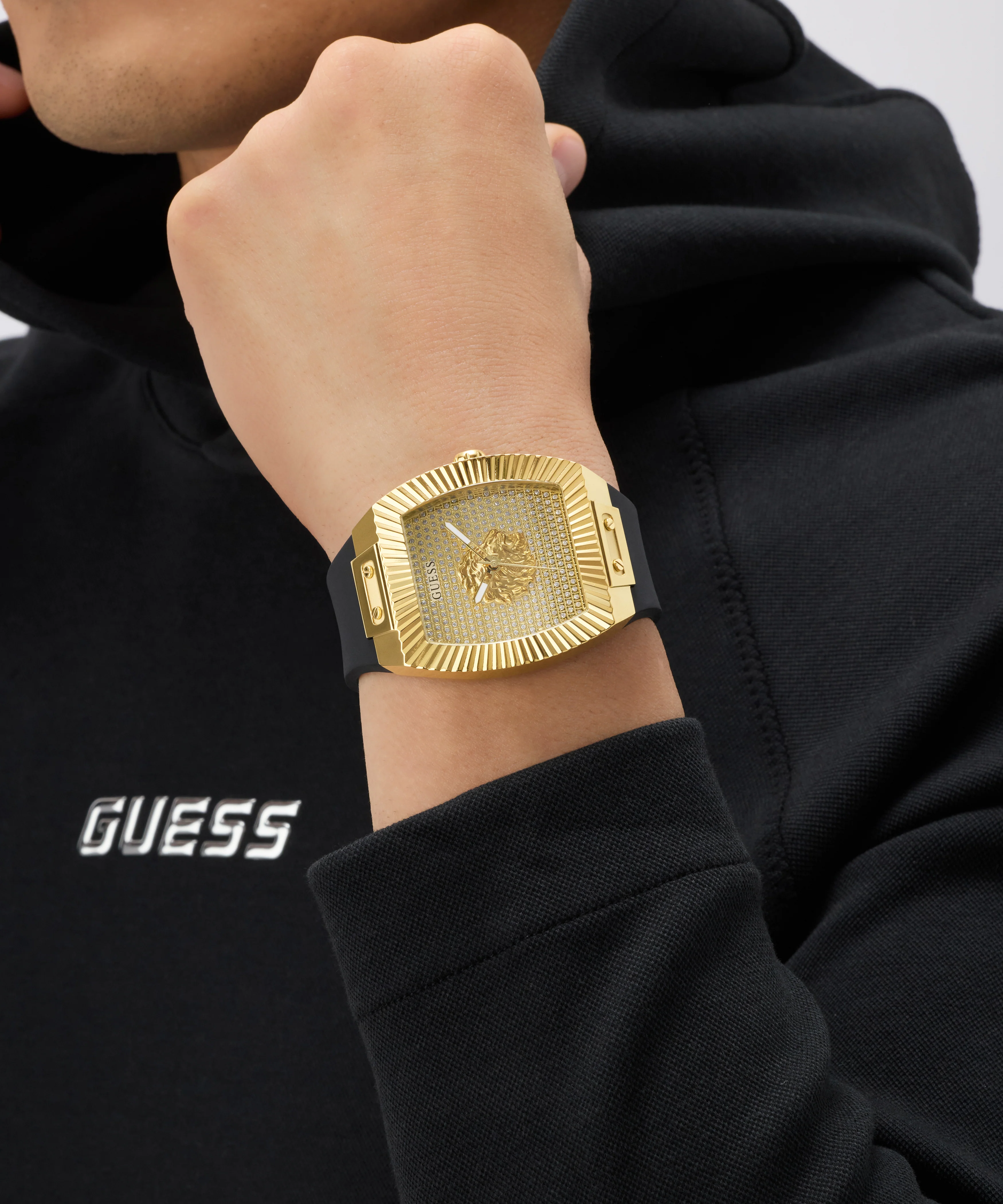 GUESS Mens Black Gold Tone Analog Watch