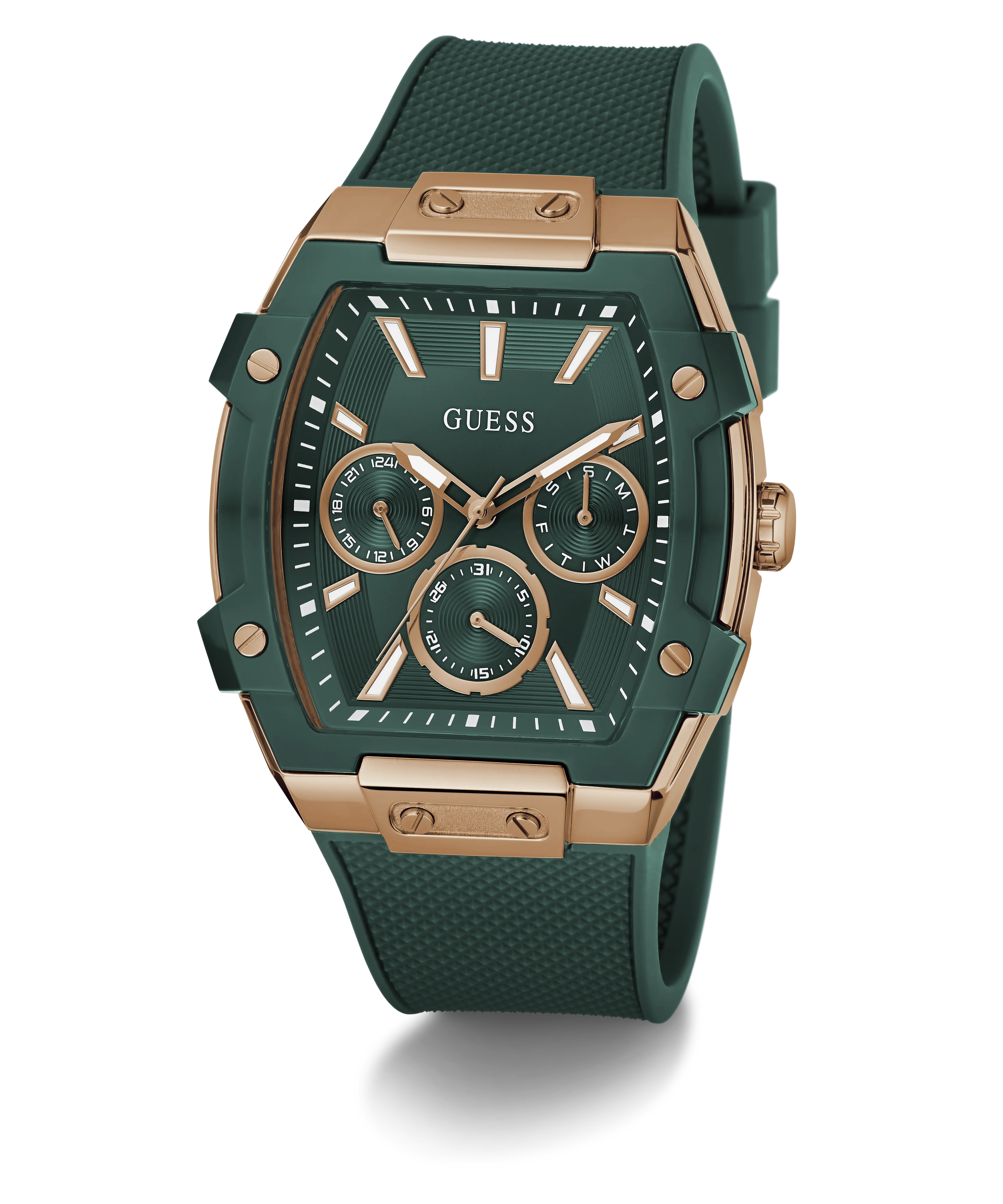 GUESS Mens Green Rose Gold Tone Multifunction Watch