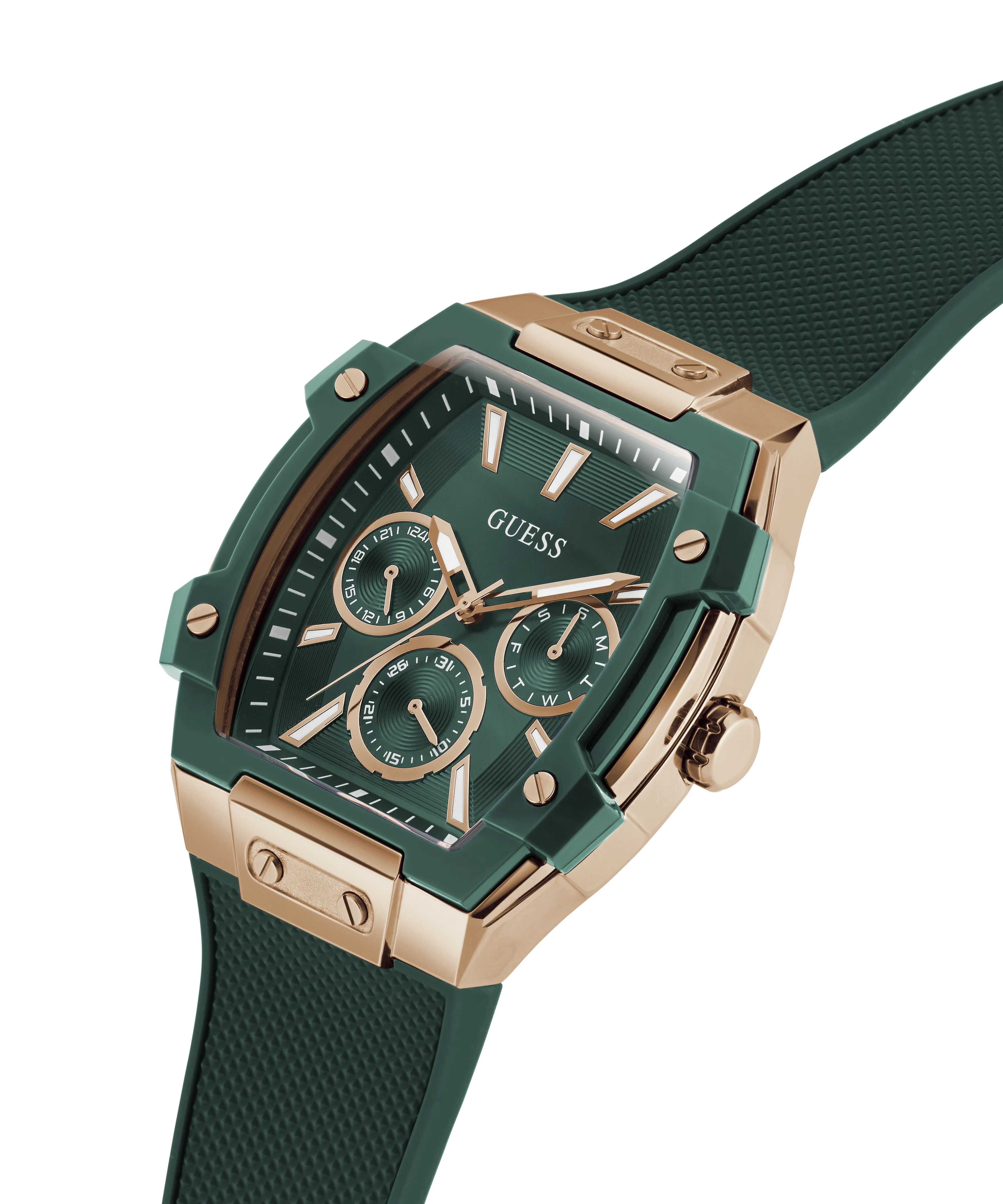 GUESS Mens Green Rose Gold Tone Multifunction Watch