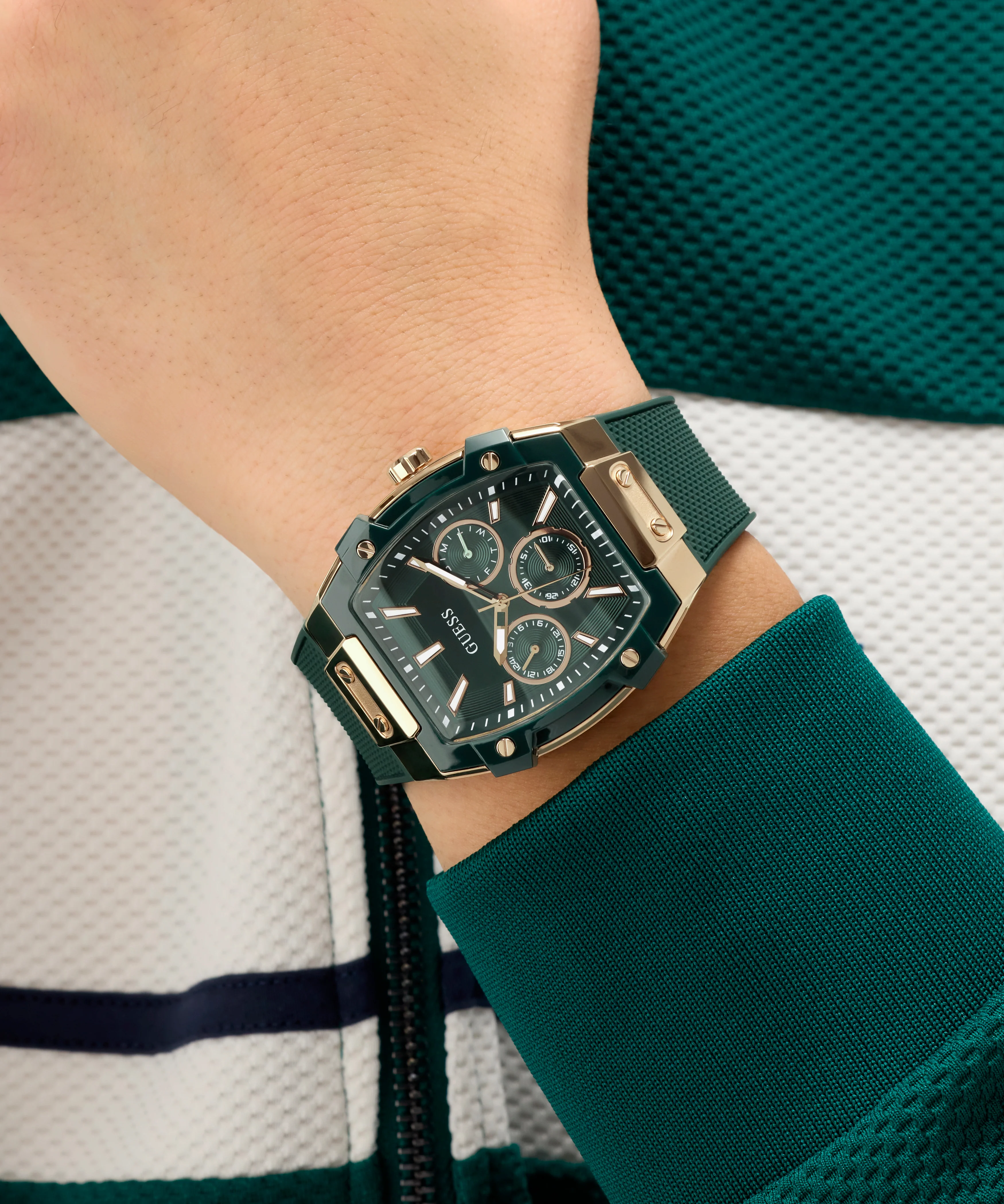 GUESS Mens Green Rose Gold Tone Multifunction Watch