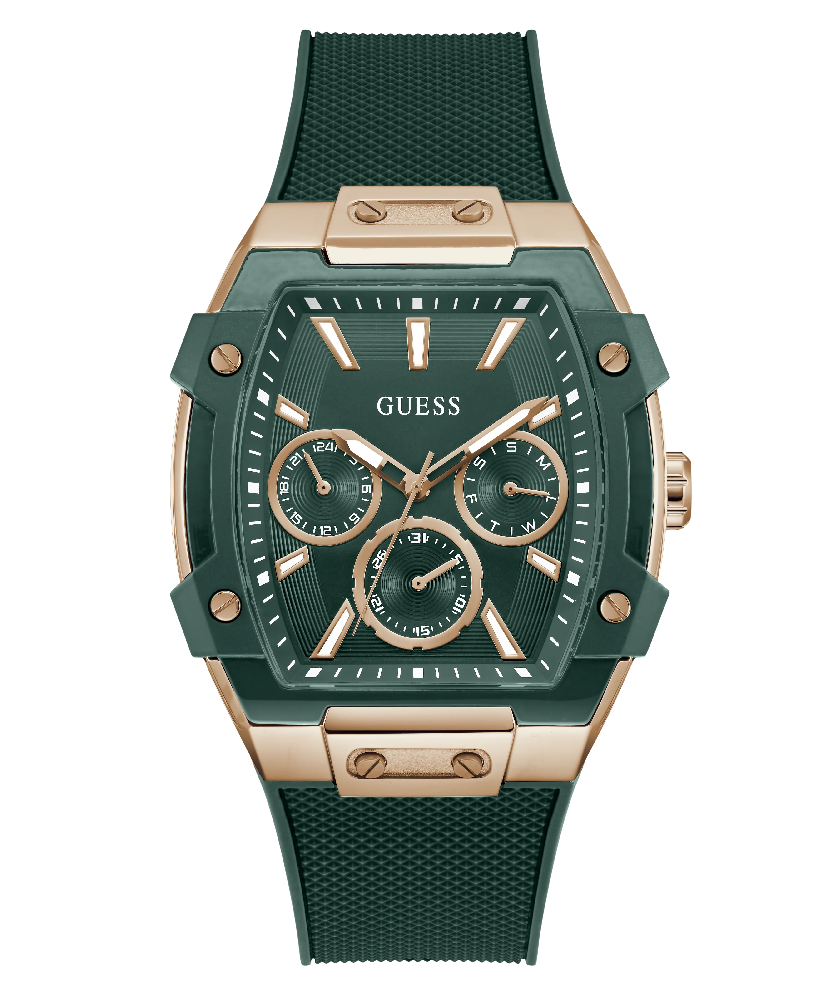 GUESS Mens Green Rose Gold Tone Multifunction Watch