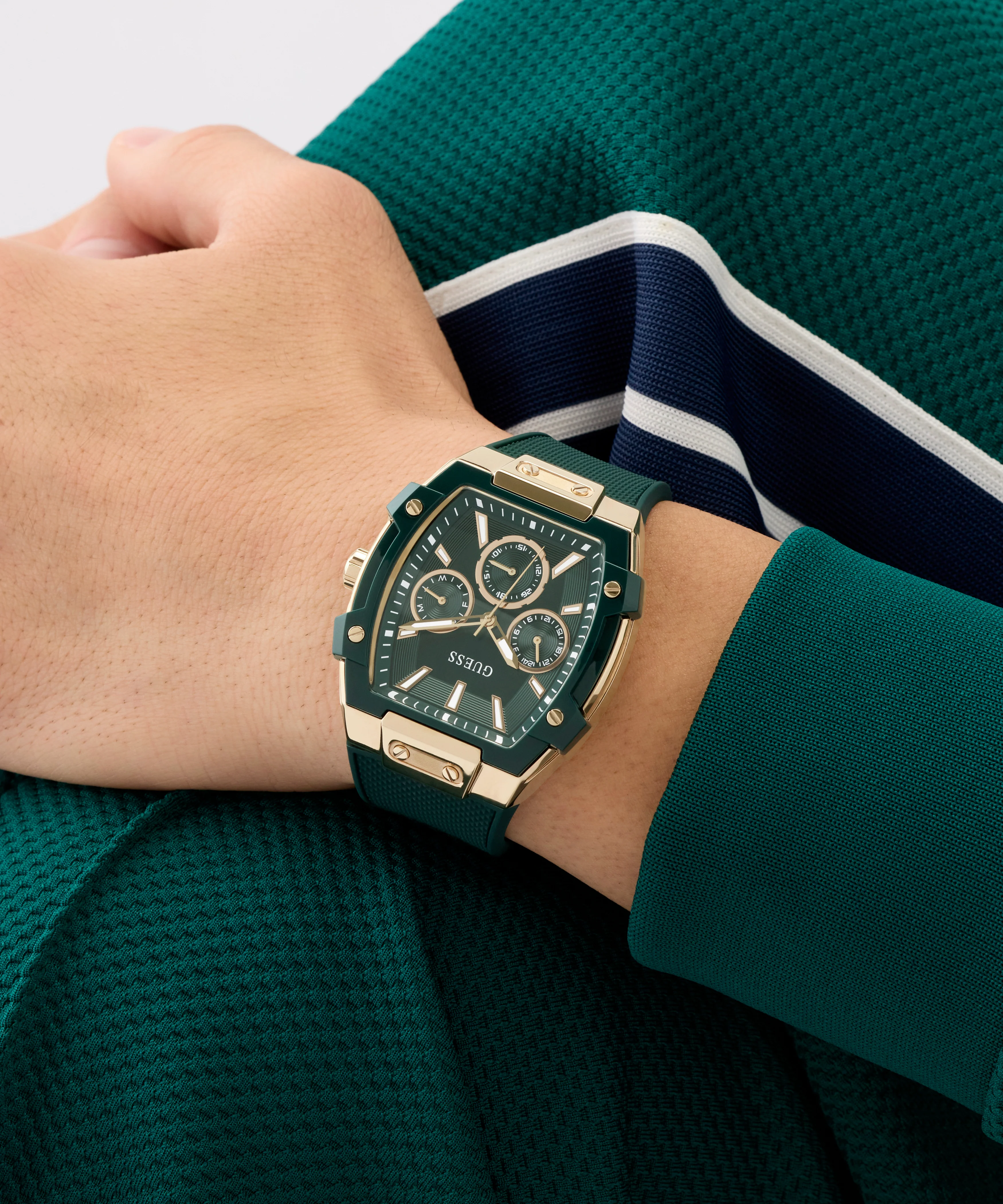 GUESS Mens Green Rose Gold Tone Multifunction Watch