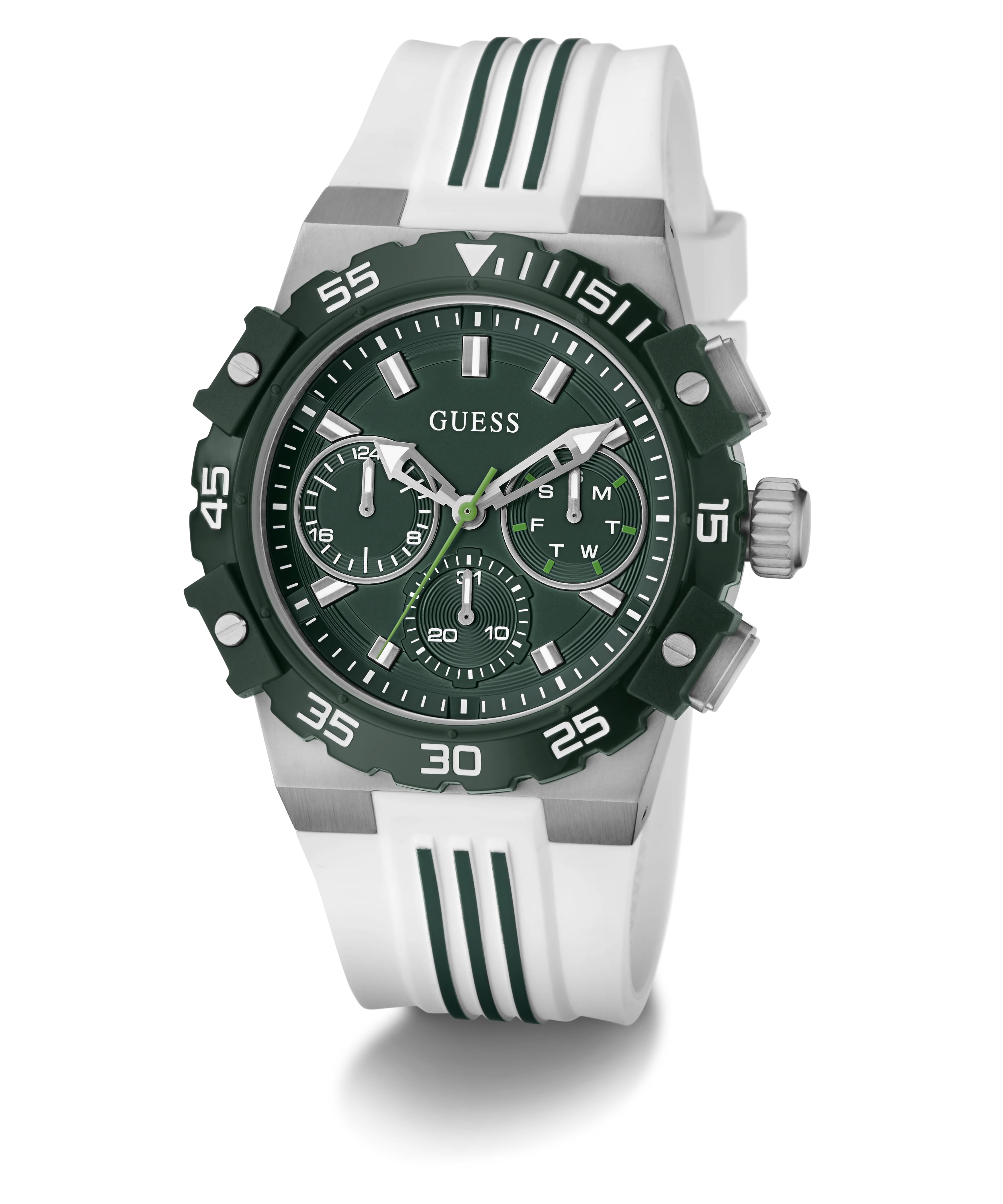GUESS Mens White Silver Tone Analog Watch
