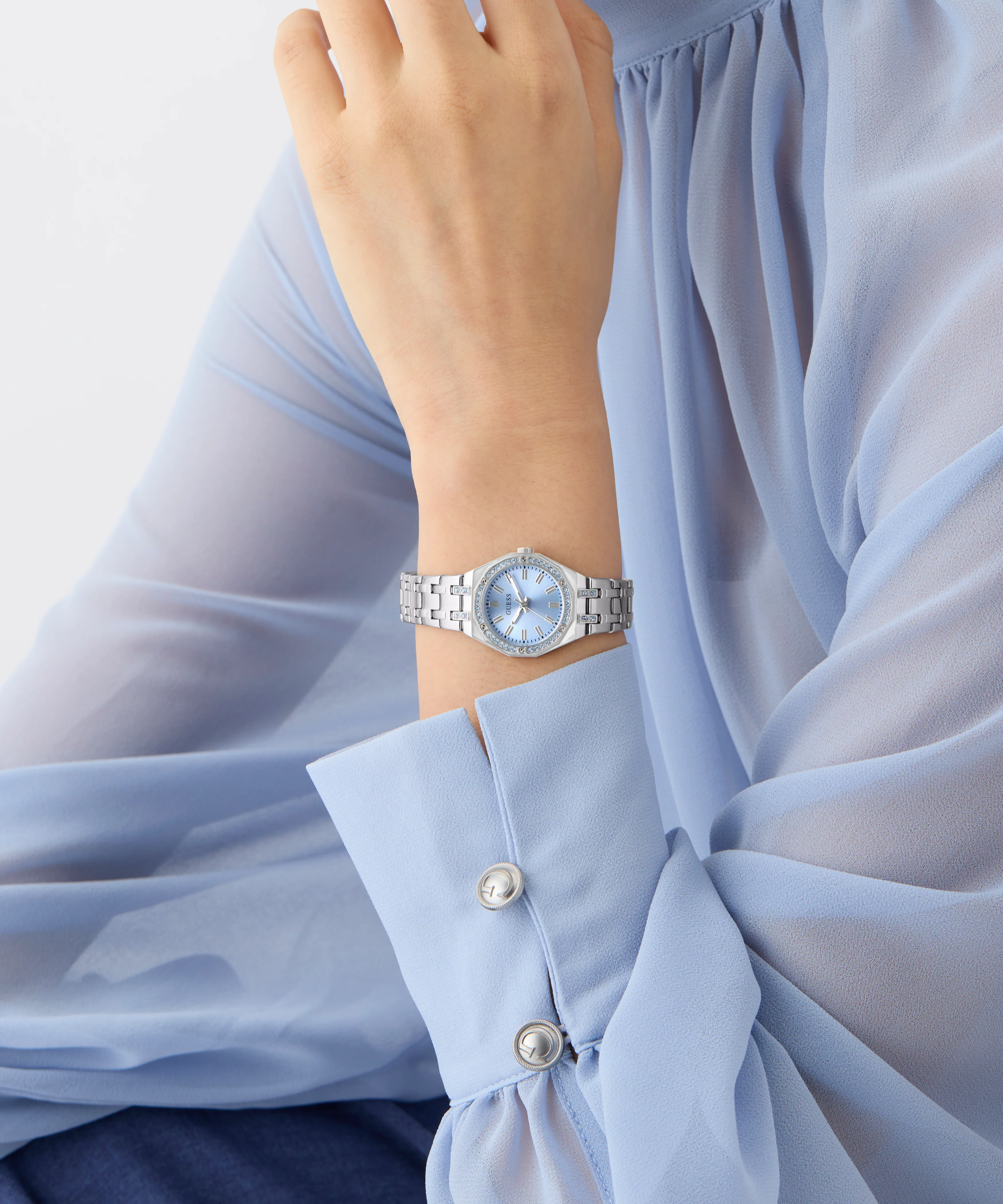 GUESS Ladies Silver Tone Multi-function Watch with Swarovski ReCreated™ crystals