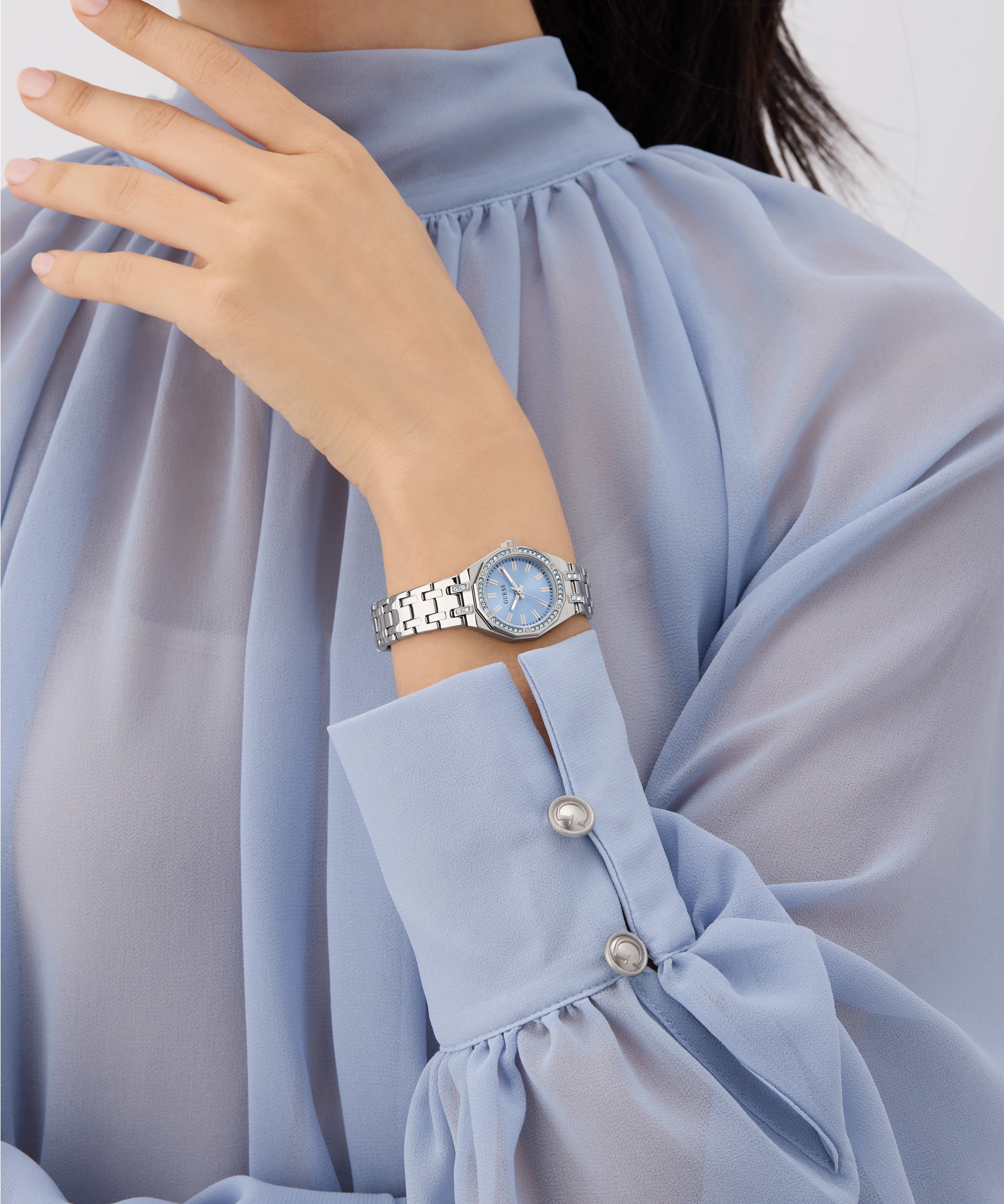 GUESS Ladies Silver Tone Multi-function Watch with Swarovski ReCreated™ crystals