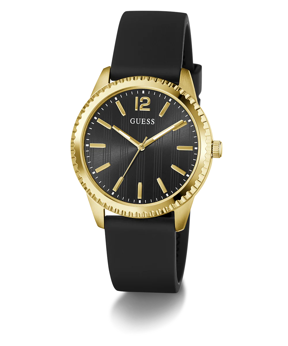 GUESS Mens Black Gold Tone Analog Watch