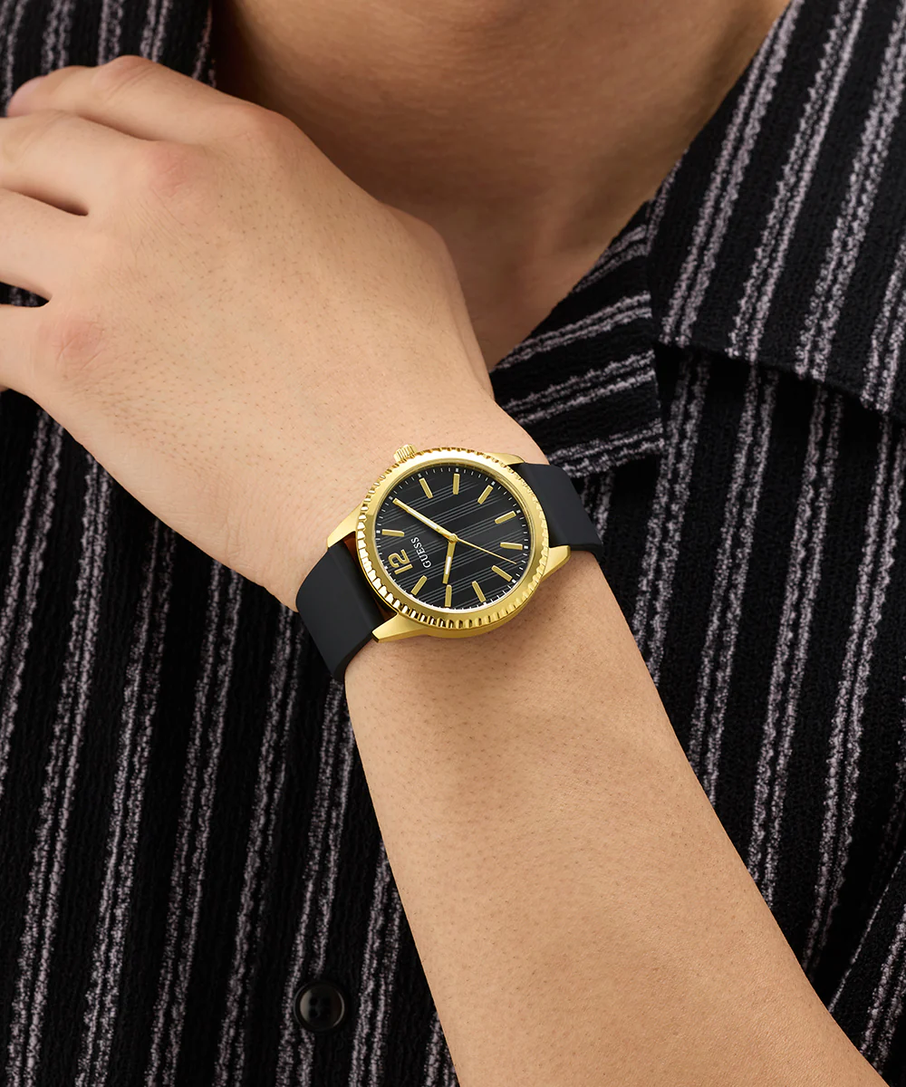 GUESS Mens Black Gold Tone Analog Watch