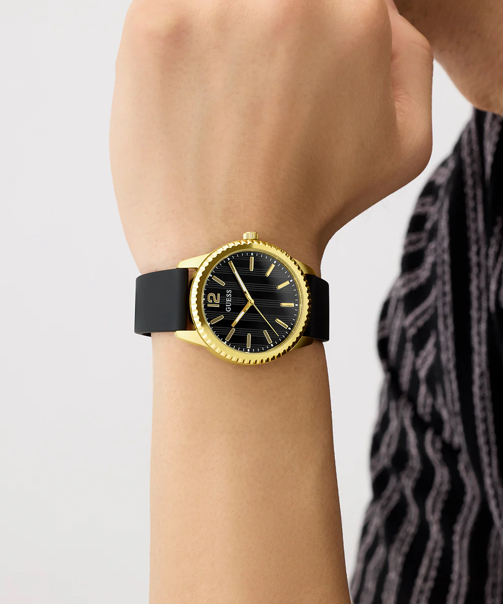 GUESS Mens Black Gold Tone Analog Watch