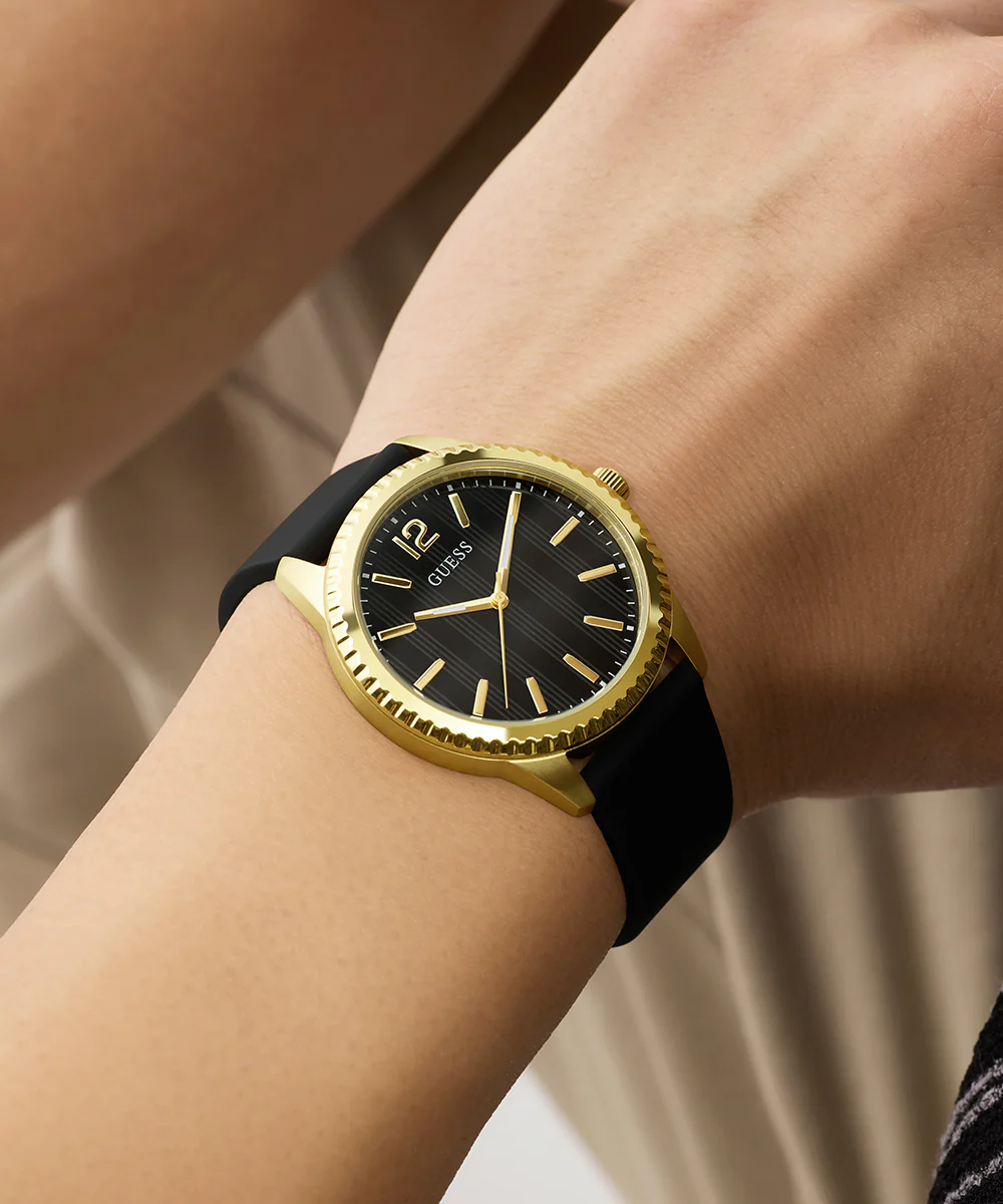 GUESS Mens Black Gold Tone Analog Watch