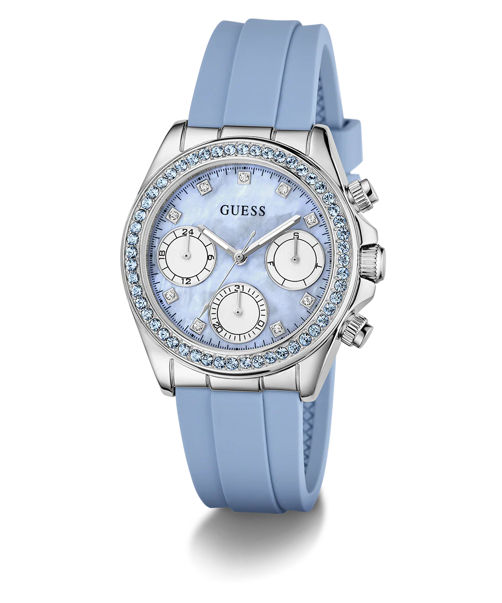 GUESS Ladies Ice Blue Silver Tone Analog Watch with Swarovski ReCreated™ crystals