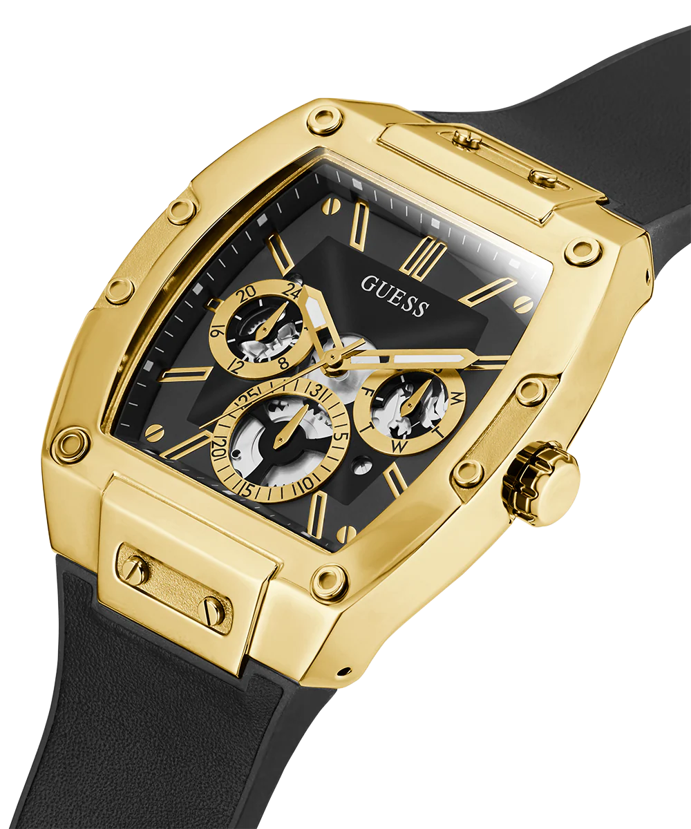 GUESS Mens Black Gold Tone Multi-function Watch