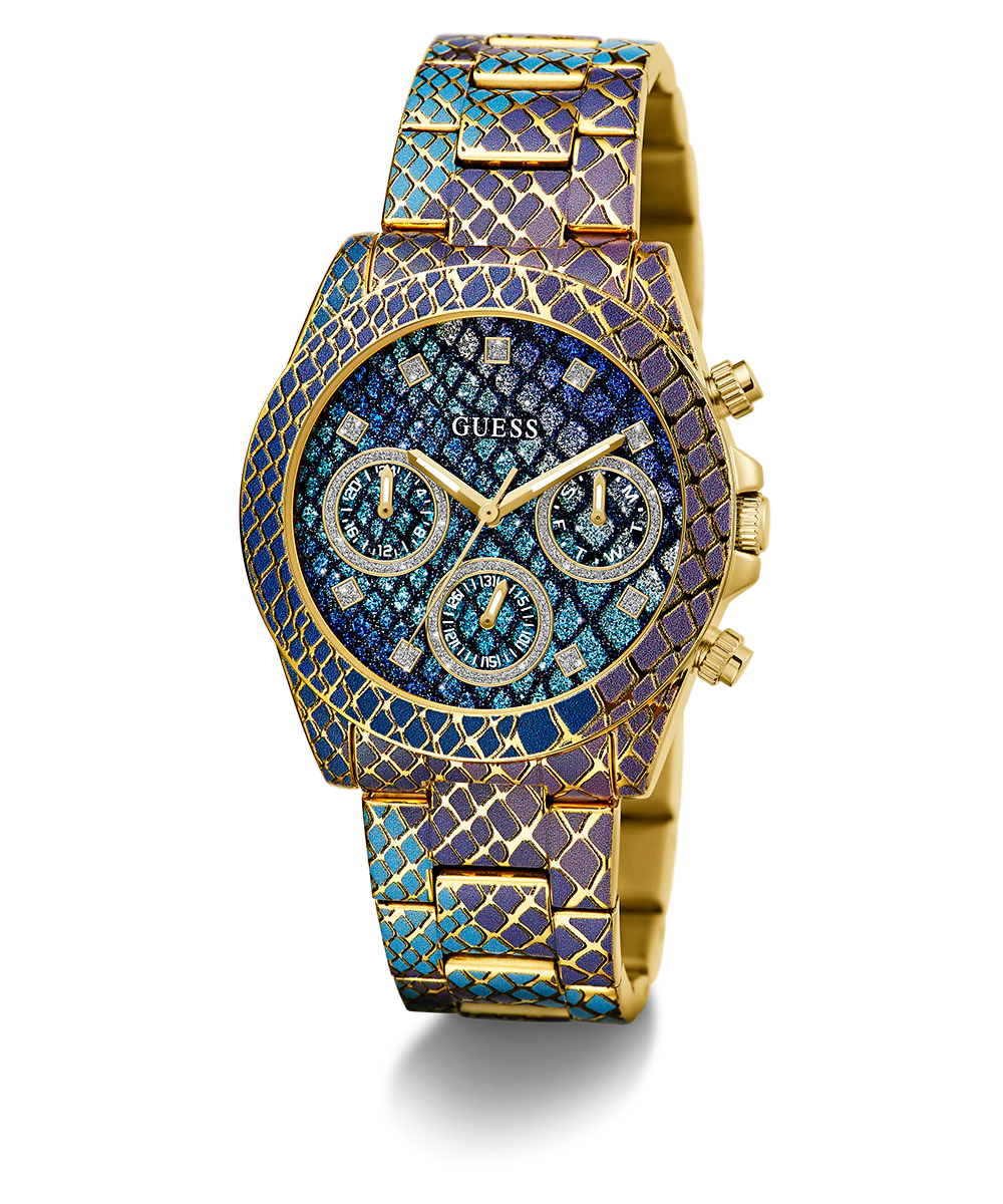 GUESS Ladies Blue Purple Gold Tone Multi-function Watch