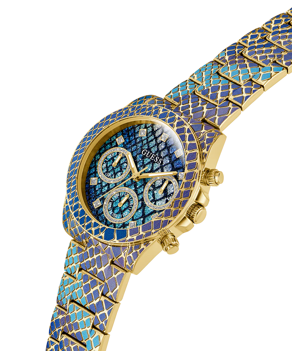 GUESS Ladies Blue Purple Gold Tone Multi-function Watch