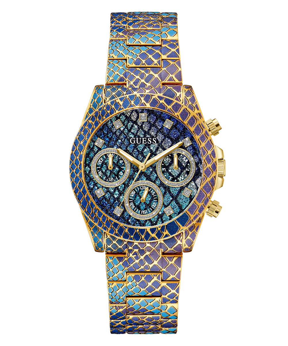 GUESS Ladies Blue Purple Gold Tone Multi-function Watch