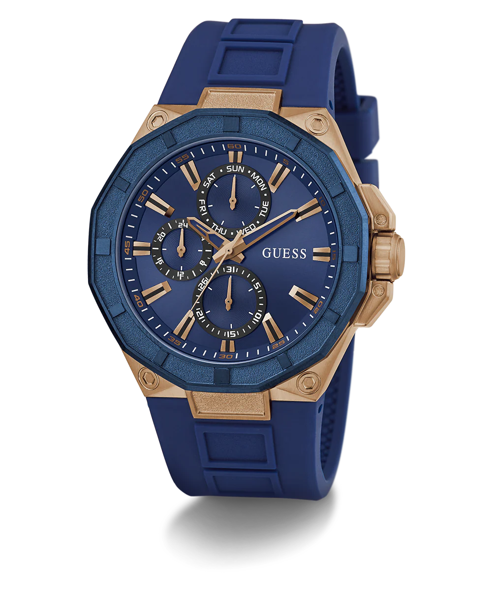 GUESS Mens Blue Rose Gold Tone Multi-function Watch