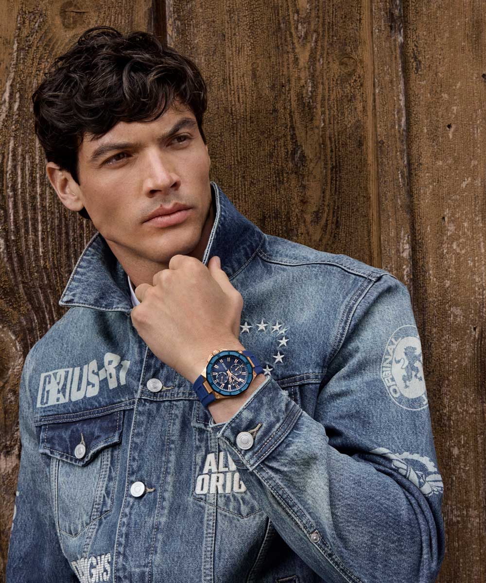 GUESS Mens Blue Rose Gold Tone Multi-function Watch