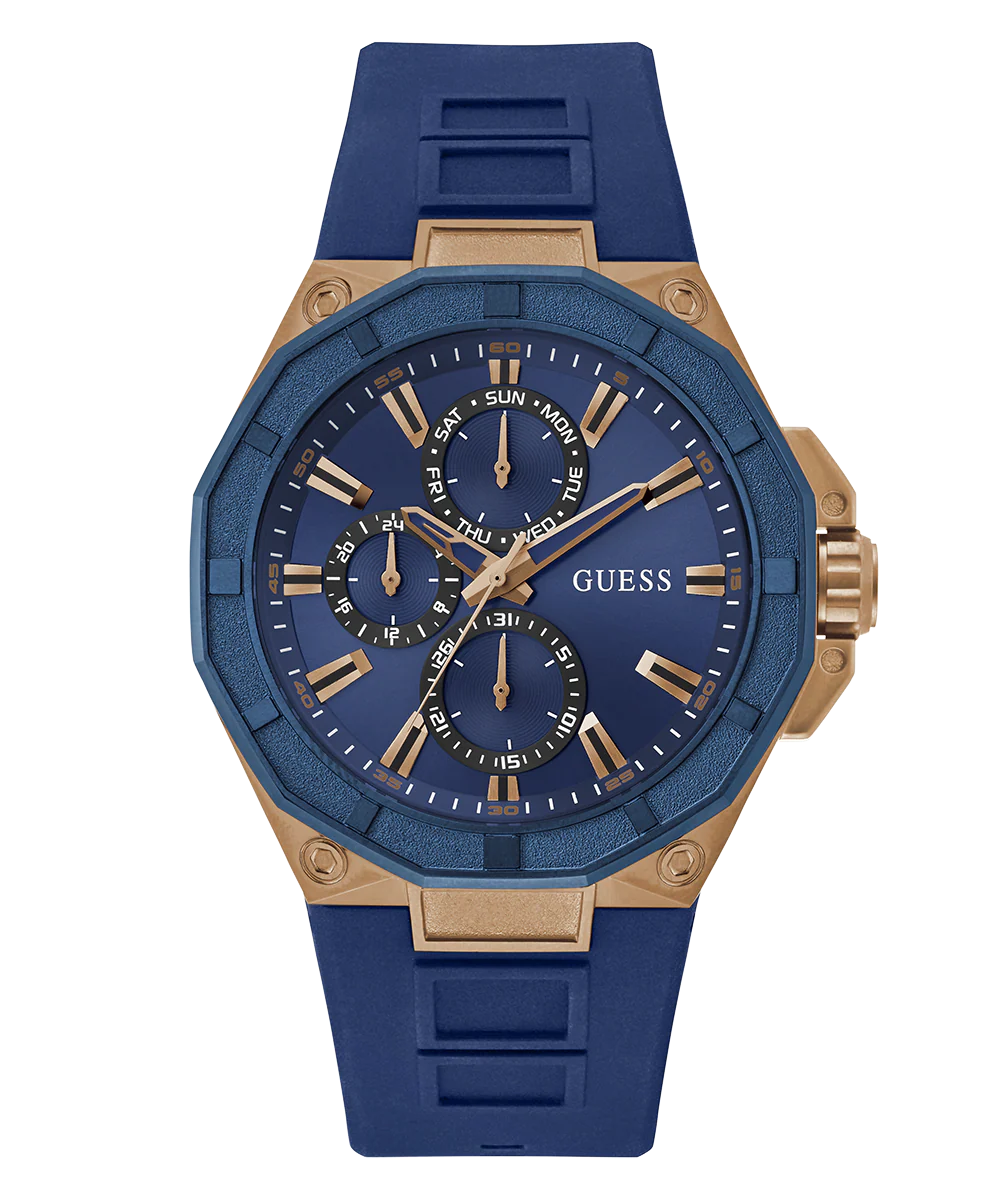 GUESS Mens Blue Rose Gold Tone Multi-function Watch