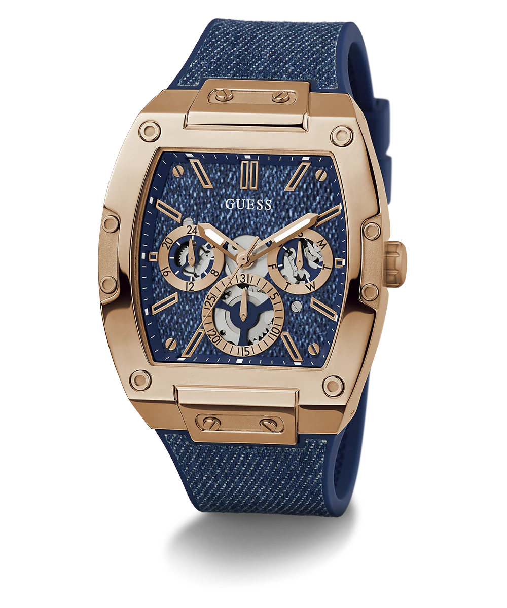 GUESS Mens Blue Rose Gold Tone Multi-function Watch