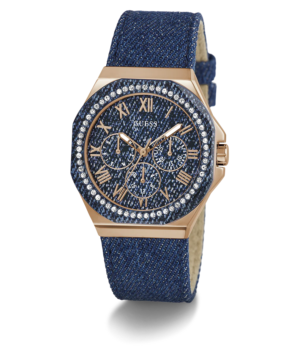 GUESS Ladies Blue Rose Gold Tone Multi-function Watch