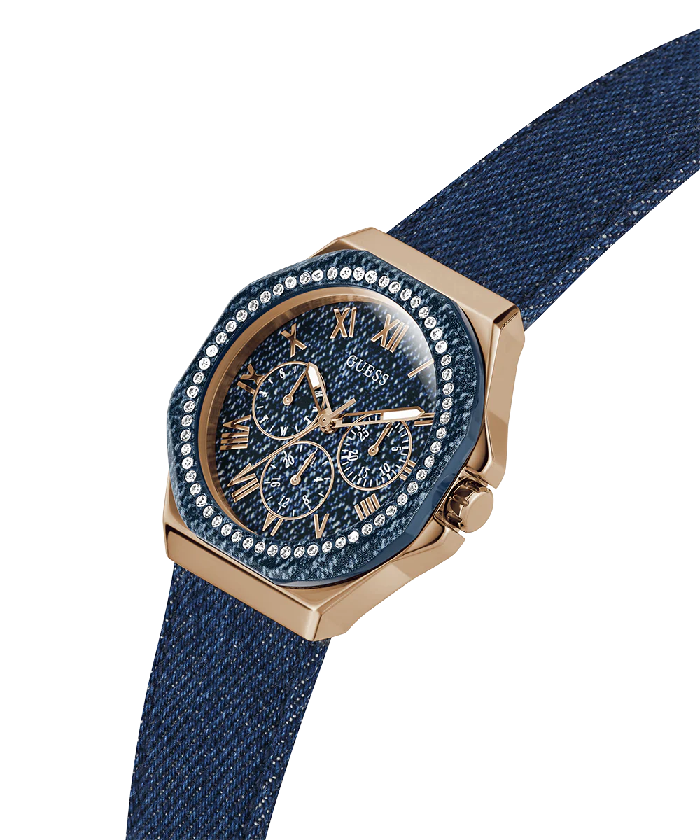 GUESS Ladies Blue Rose Gold Tone Multi-function Watch