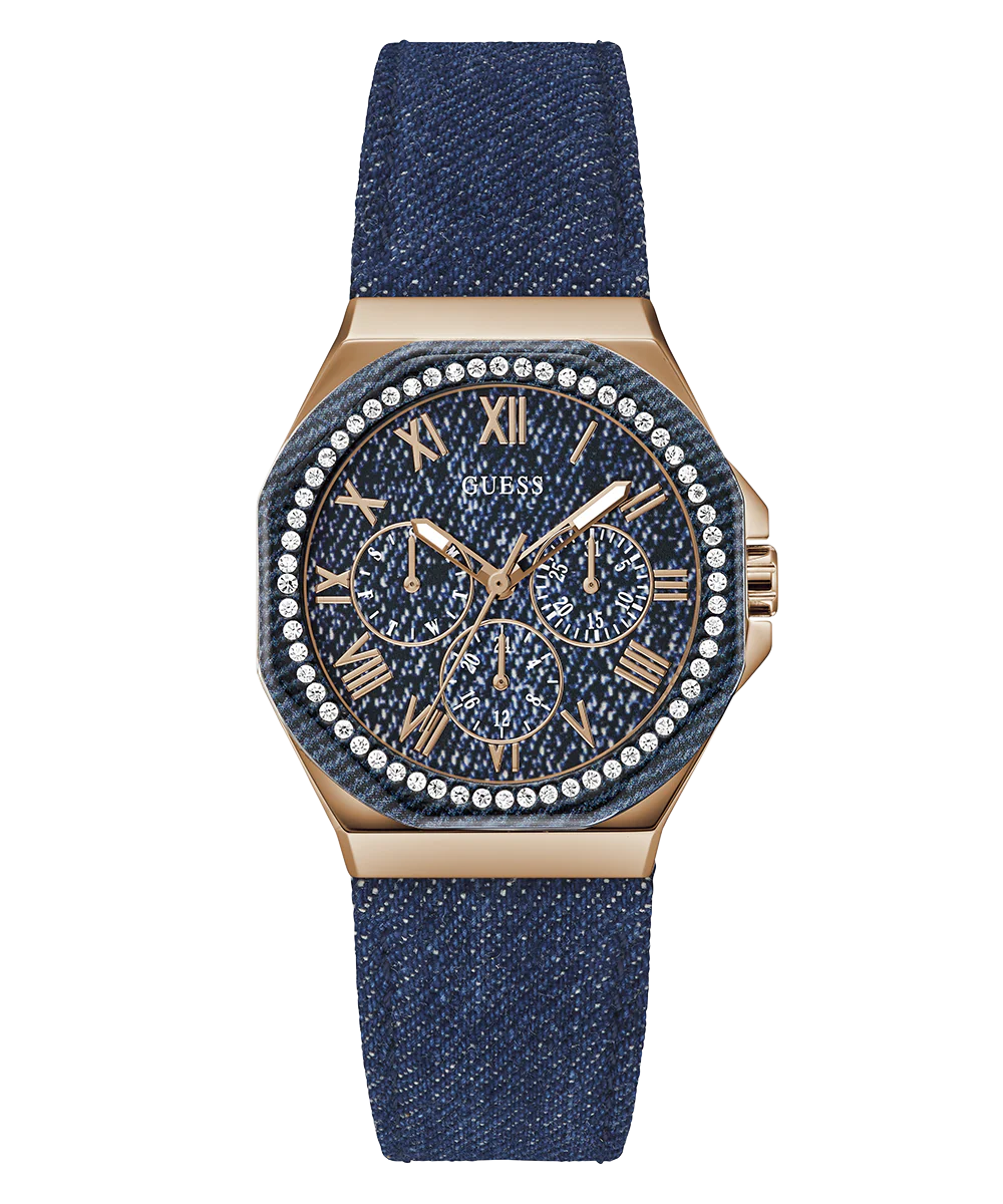 GUESS Ladies Blue Rose Gold Tone Multi-function Watch