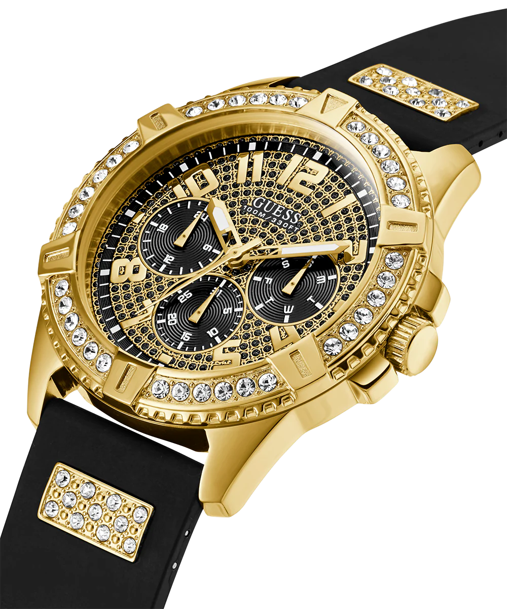 GUESS Mens Black Gold Tone Multi-function Watch