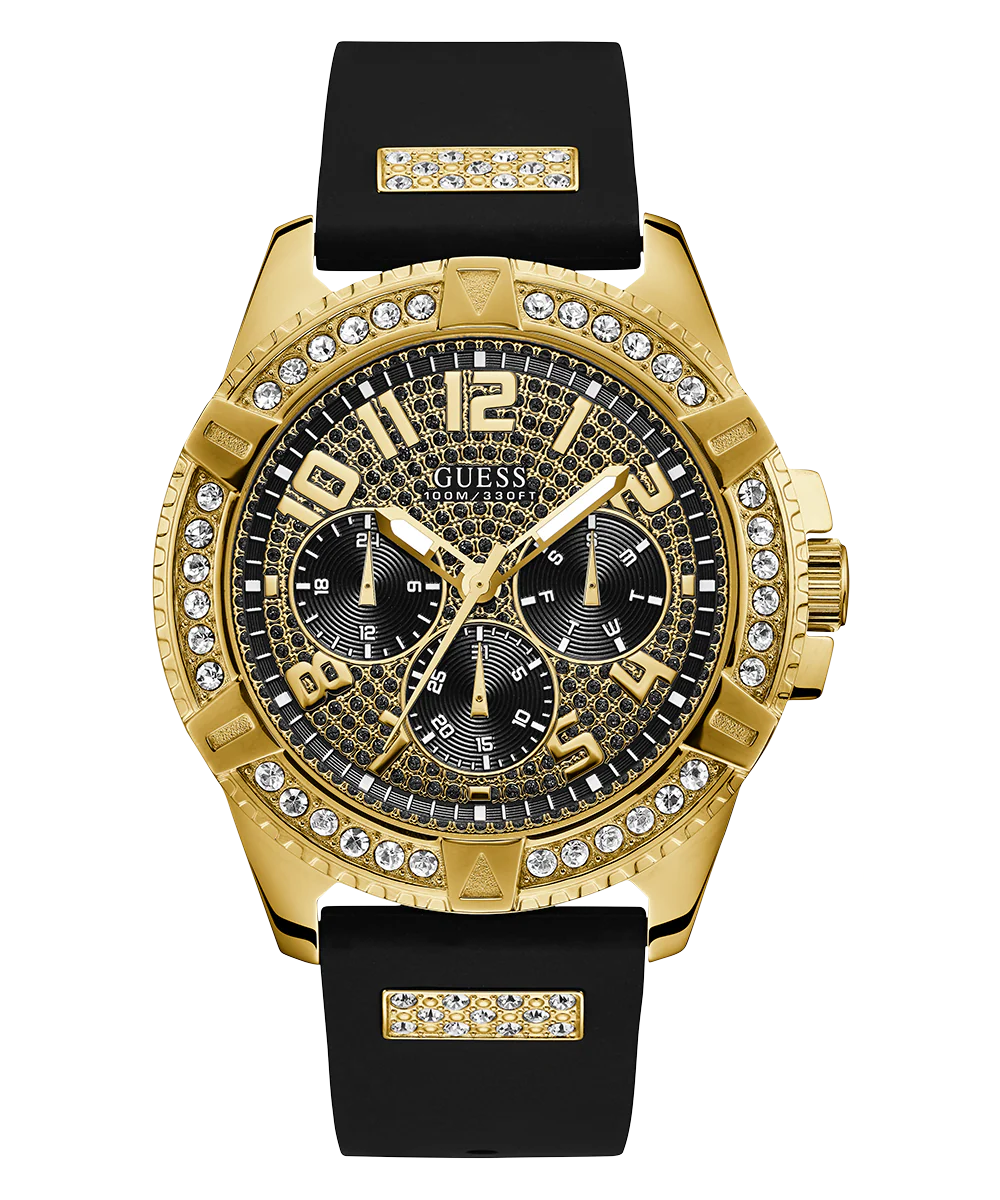 GUESS Mens Black Gold Tone Multi-function Watch