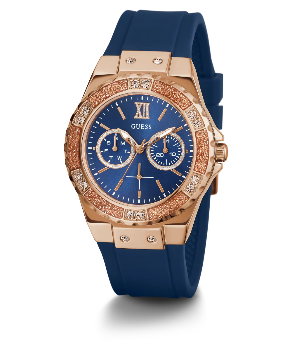 GUESS Ladies Blue Rose Gold Tone Multi-function Watch
