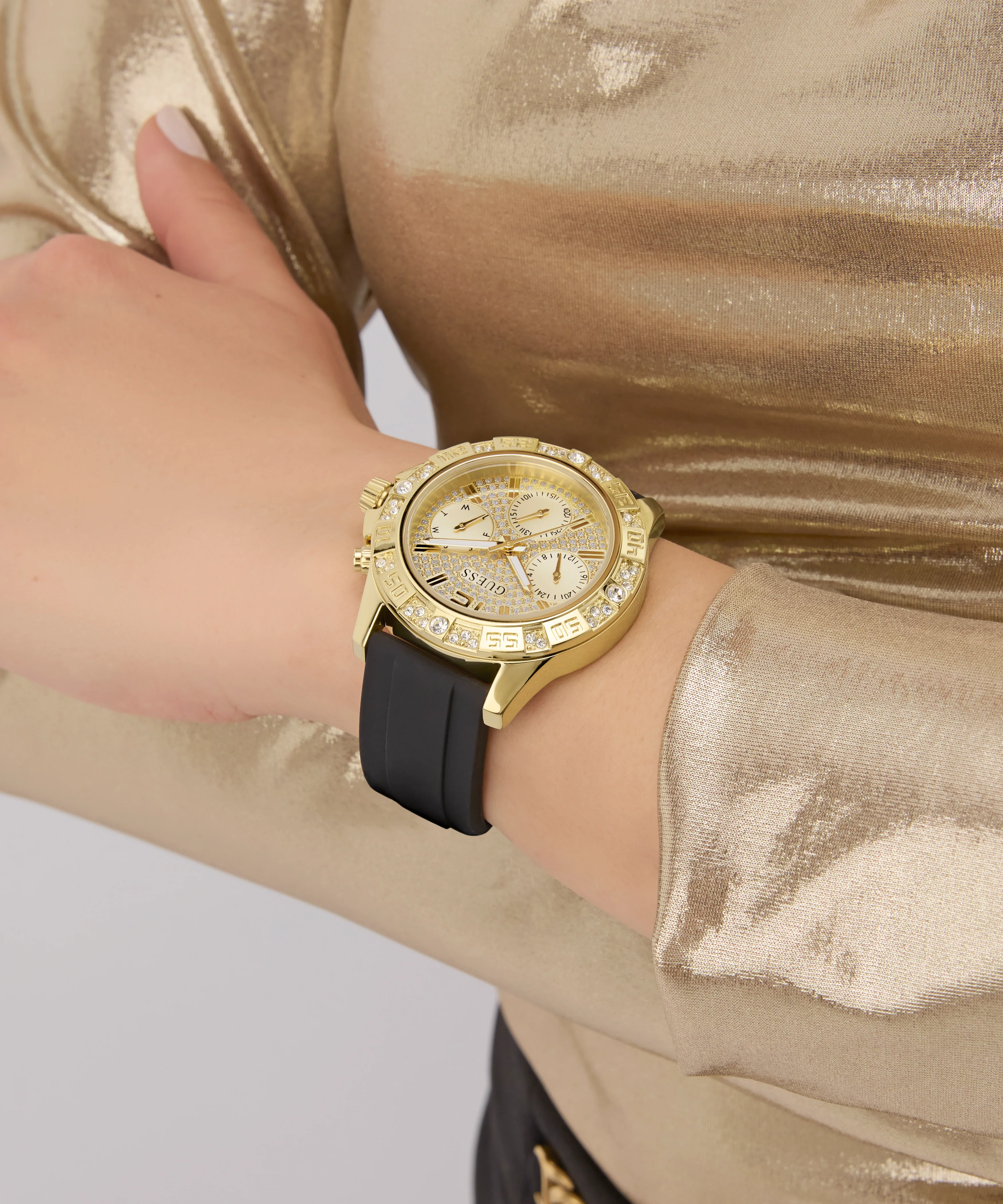 GUESS Ladies Black Gold Tone Multi-function Watch
