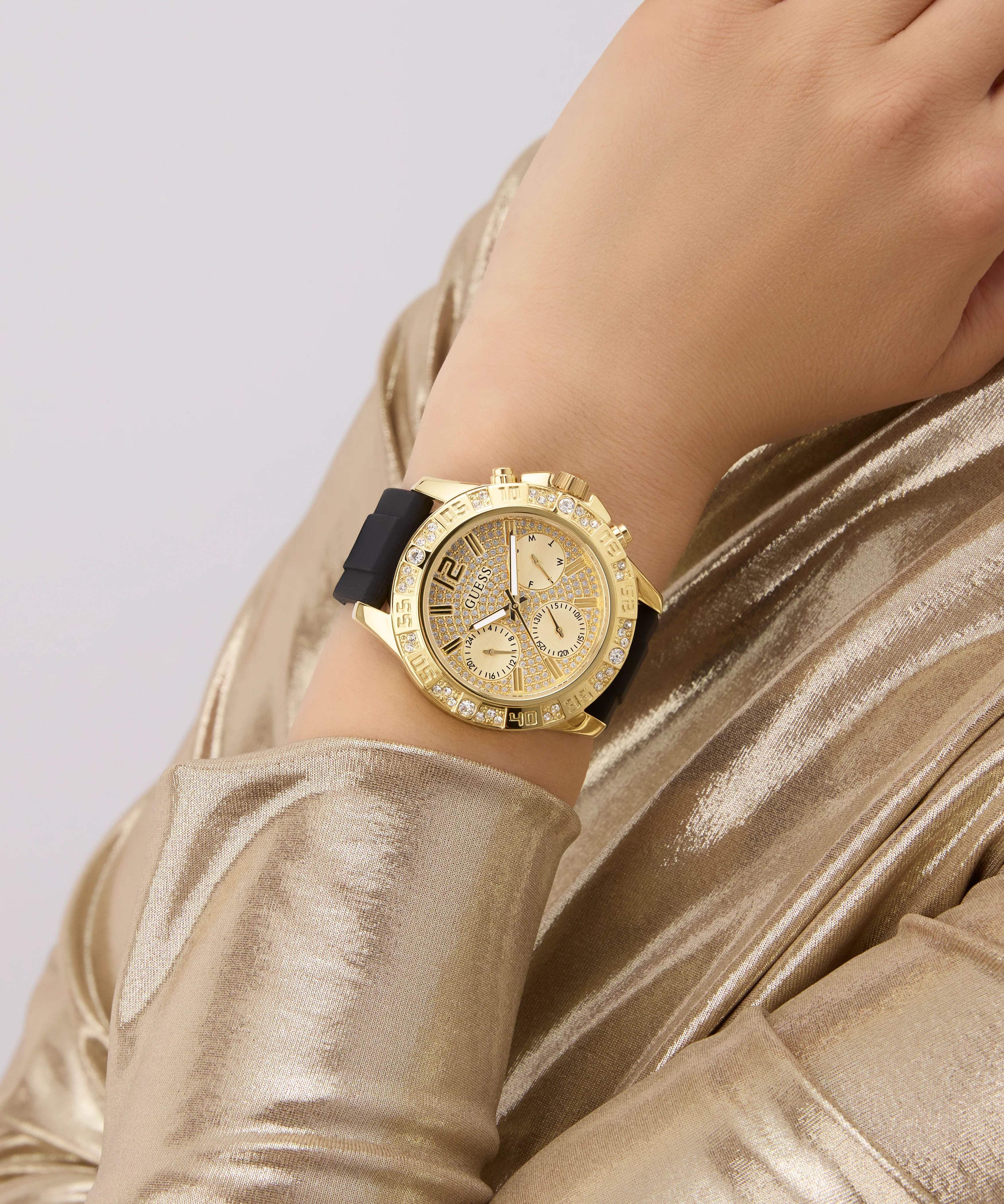 GUESS Ladies Black Gold Tone Multi-function Watch