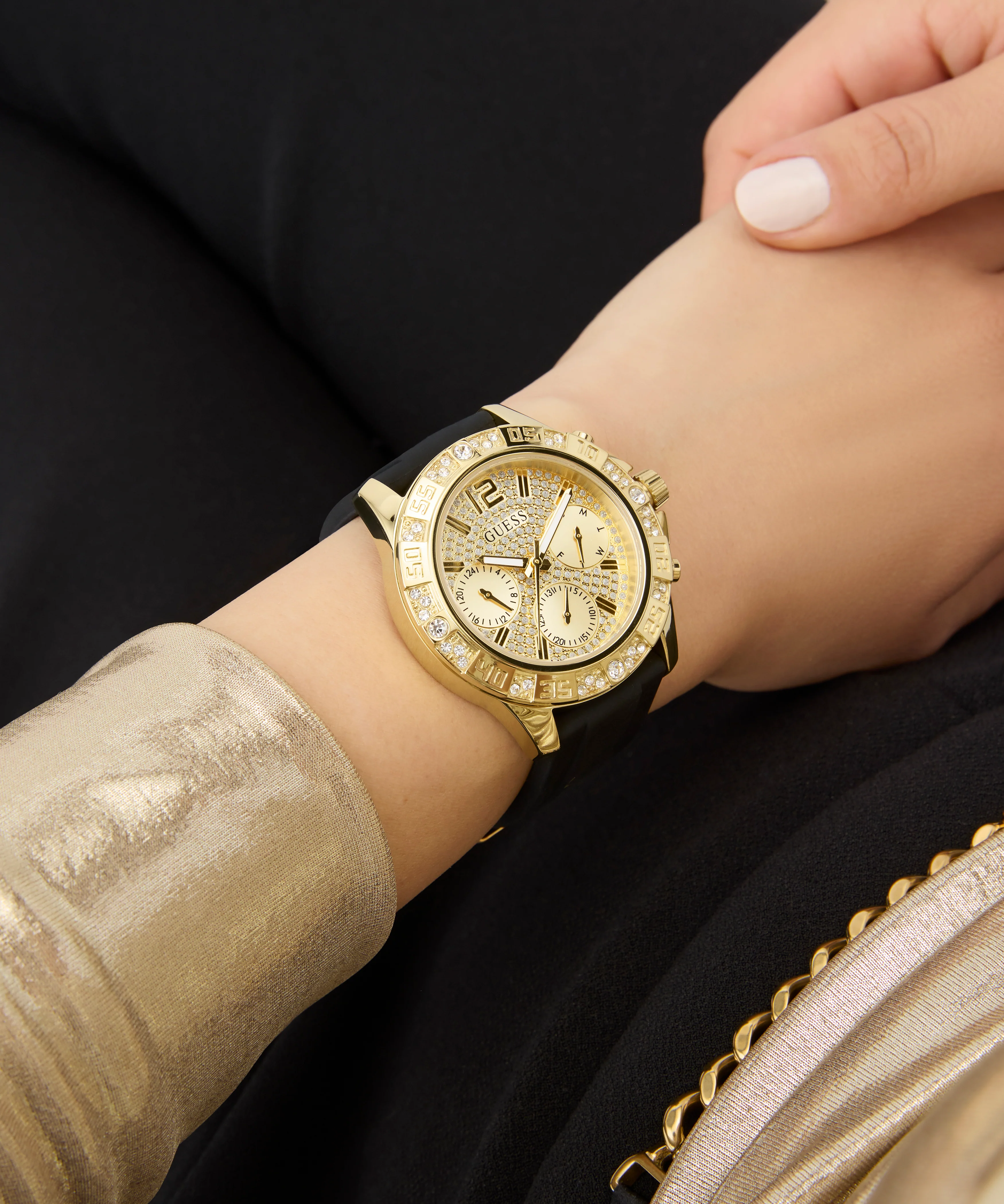 GUESS Ladies Black Gold Tone Multi-function Watch