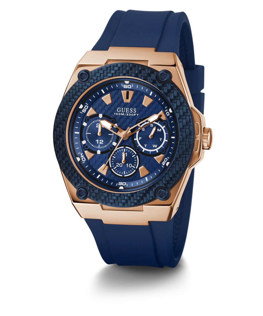 GUESS Mens Blue Rose Gold Tone Multi-function Watch