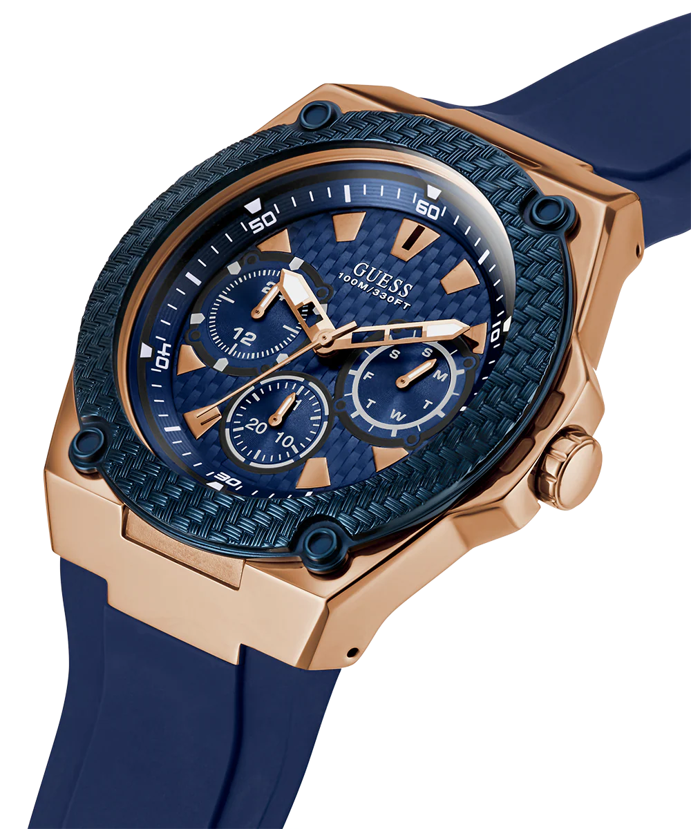 GUESS Mens Blue Rose Gold Tone Multi-function Watch