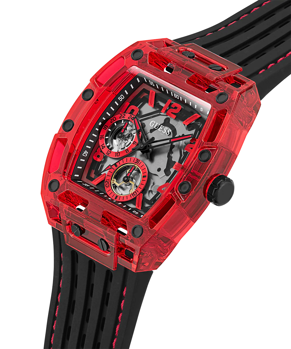 GUESS Mens Black Red Multi-function Watch