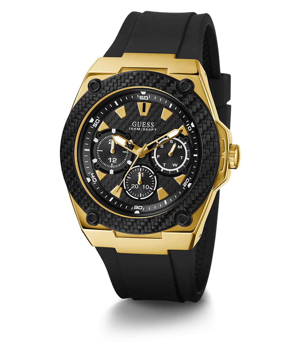 GUESS Mens Black Gold Tone Multi-function Watch