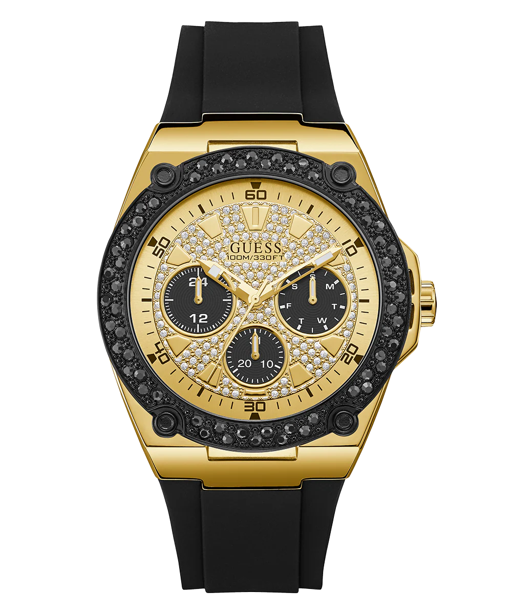 GUESS Mens Black Gold Tone Analog Watch